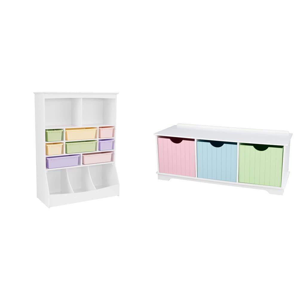 KidKraft White Wooden Wall Storage Unit with 8 Plastic Bins & 13 Compartments - Organizer for Kids' Toys, Books & Art Supplies - Perfect Nursery, Playroom & Classroom Storage Solution for Ages 3+ | Nantucket Pastel Wooden Storage Bench with 3 Bins & Wainscoting Detail - Stylish Kids' Room Decor & Toy Organizer for Bedroom, Play Area & Daycare - Gift for Toddlers Age 3+