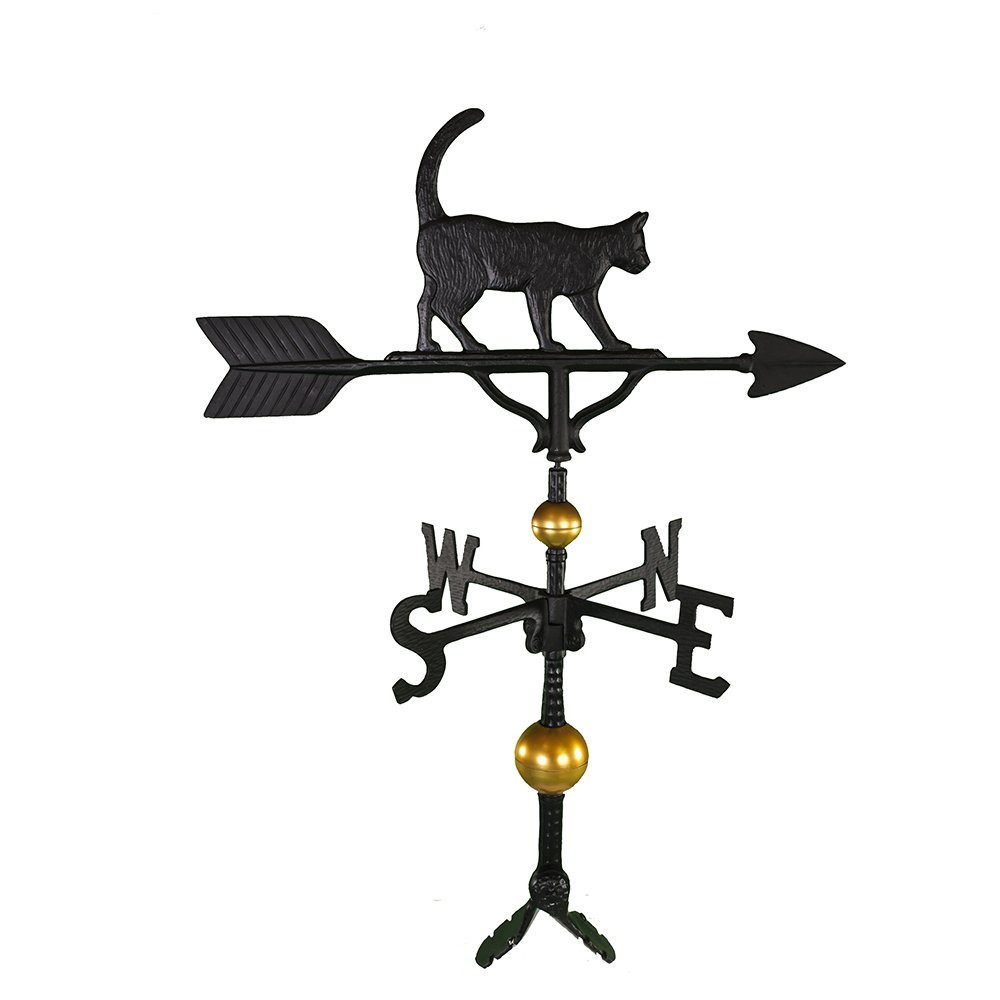 Montague 32-Inch Deluxe Weathervane with Satin Black Cat Ornament - Premium Metal Garden Decor for Outdoor Roof & Yard Decoration