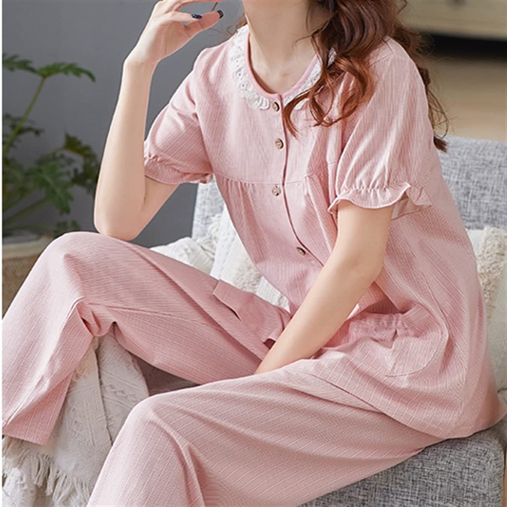 Women's Cotton Summer Pajama Set - Short Sleeve Loose Fit Sleepwear & Lounge Pants (Pink, XL) | Soft Breathable Nightwear for Home, Vacation & Relaxation