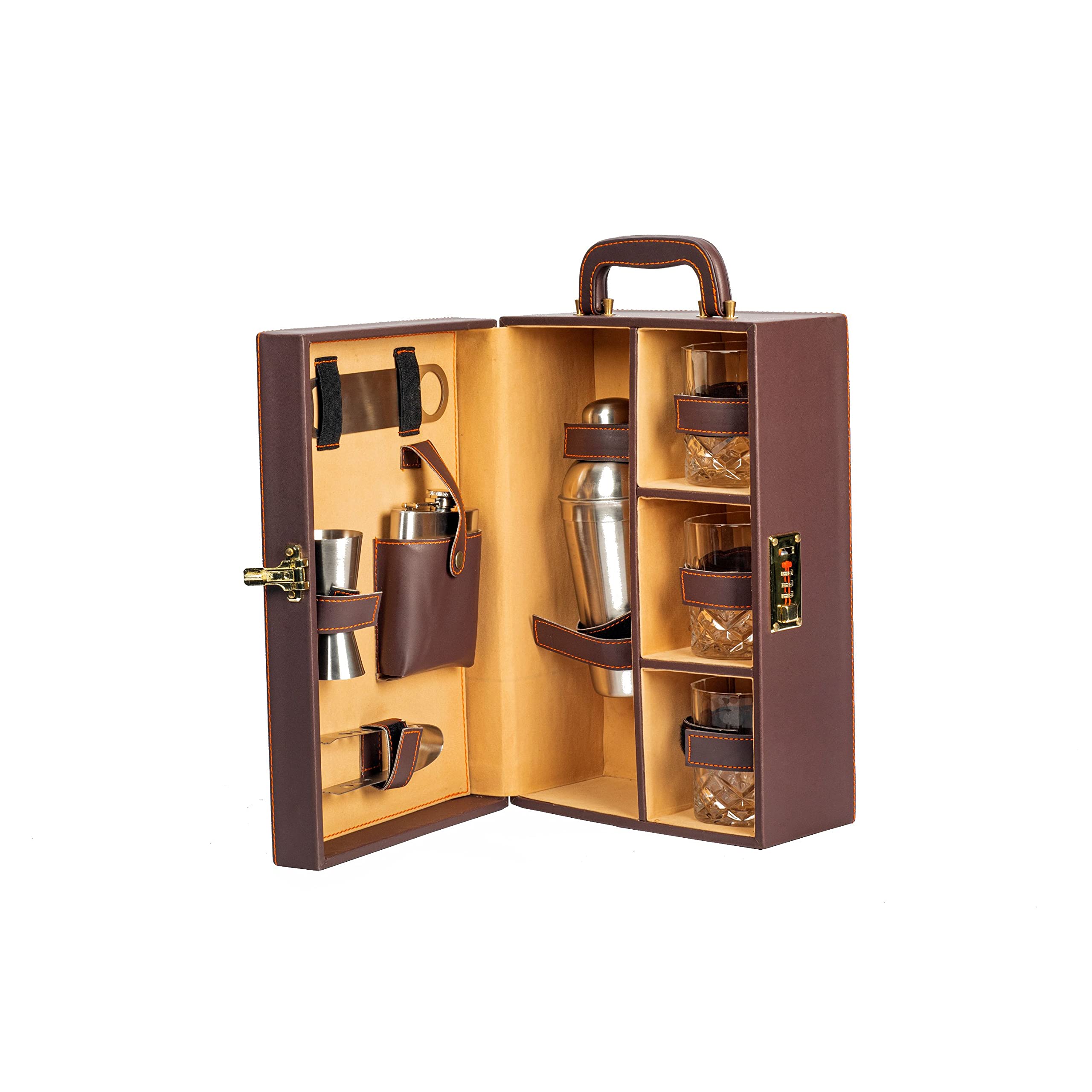 Premium Brown Faux Leather Portable Bar Set with 3 Glasses & Cocktail Shaker - 8 Piece Bartender Kit for Home, Picnics, Parties & Gifts for Men (Ideal for Outdoor Entertaining & Housewarming Presents)