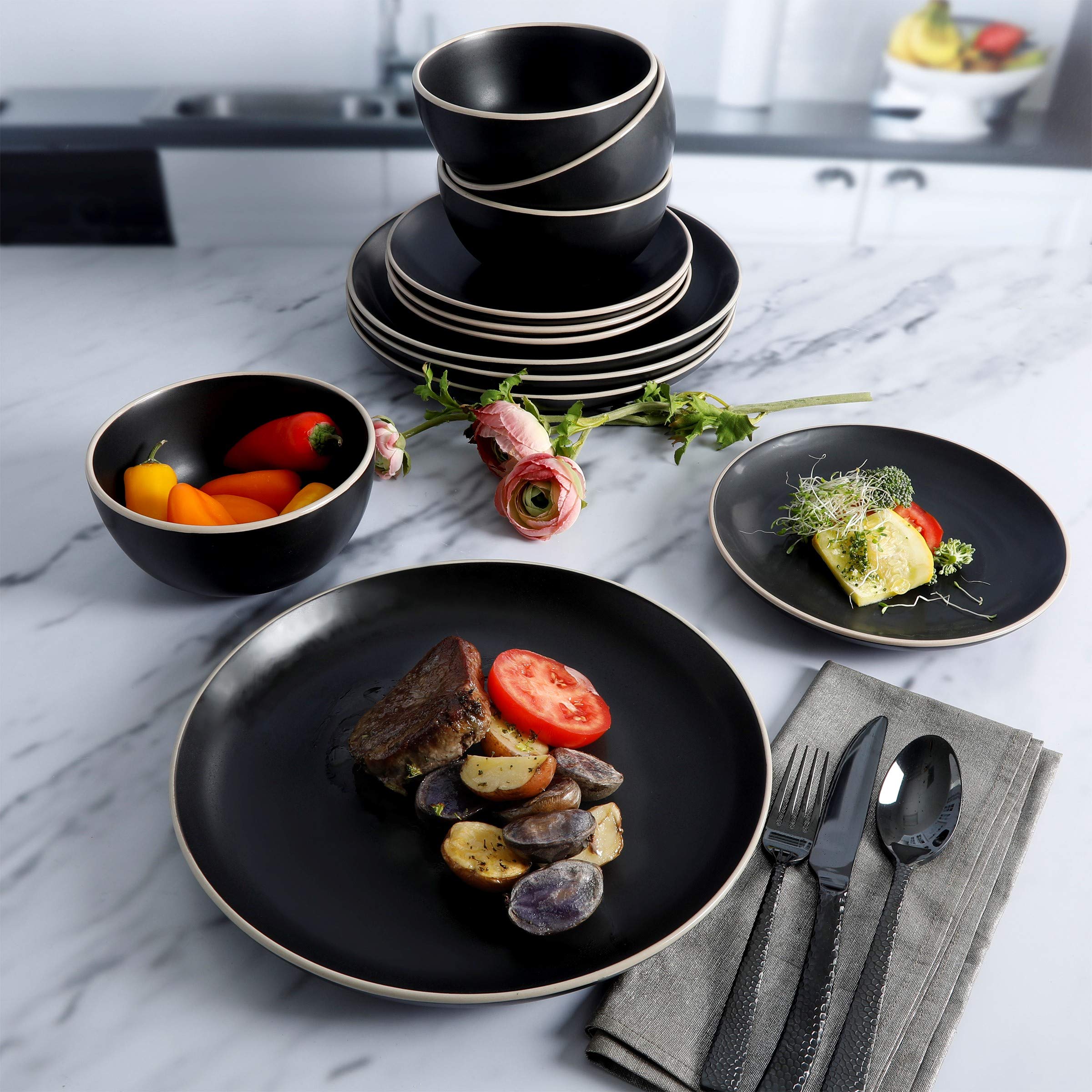 Premium Gibson Home Rockaway 12-Piece Round Stoneware Dinnerware Set for 4 - Durable Black Ceramic Plates, Bowls & Mugs - Elegant Tableware for Everyday Dining, Family Gatherings & Dinner Parties