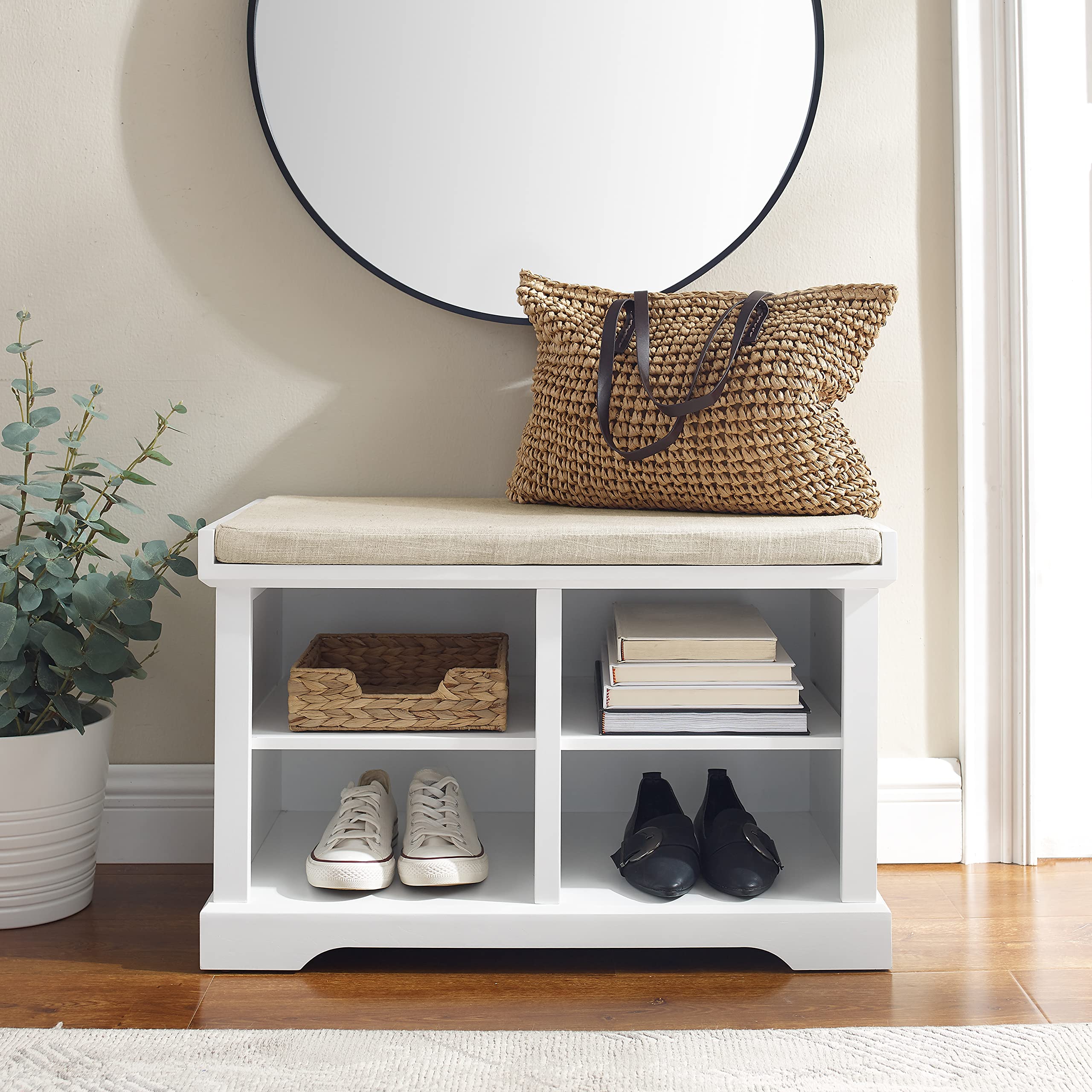 Crosley Anderson White Entryway Storage Bench with Shoe Rack & Organizer Shelves - Perfect for Small Spaces, Hallway Organization & Shoe Storage