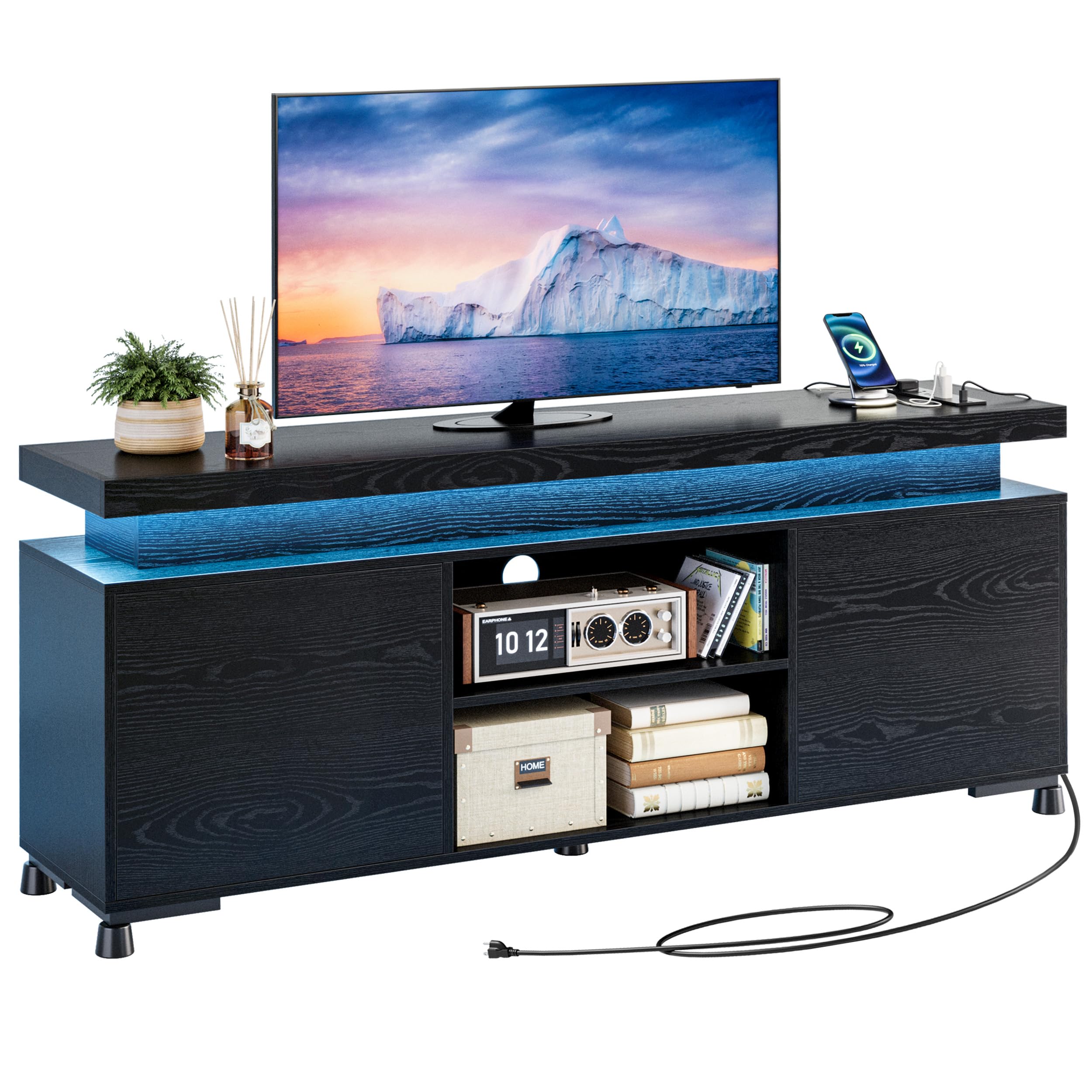IRONCK 65+ Inch TV Stand with LED Lights & Power Outlet - Modern Entertainment Center with Storage Cabinet for Living Room | Perfect for Home Theater & Media Organization