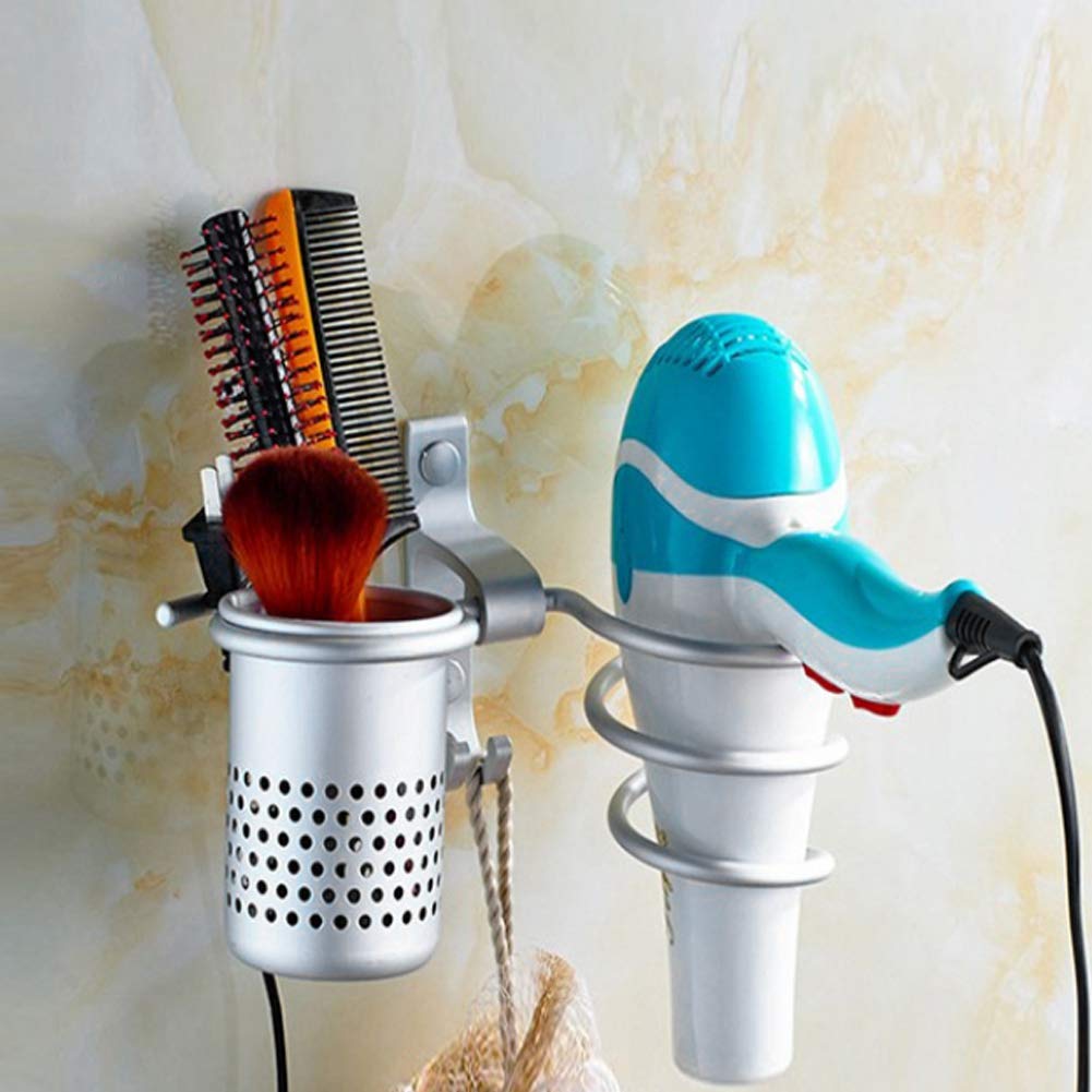 Keenso Wall Mount Hair Dryer Holder with Aluminum Storage - Organizer for Hair Dryer, Hair Straightener & Phone - Includes Fixing Screws (Silver) - Perfect for Bathroom, Salon & Home Organization