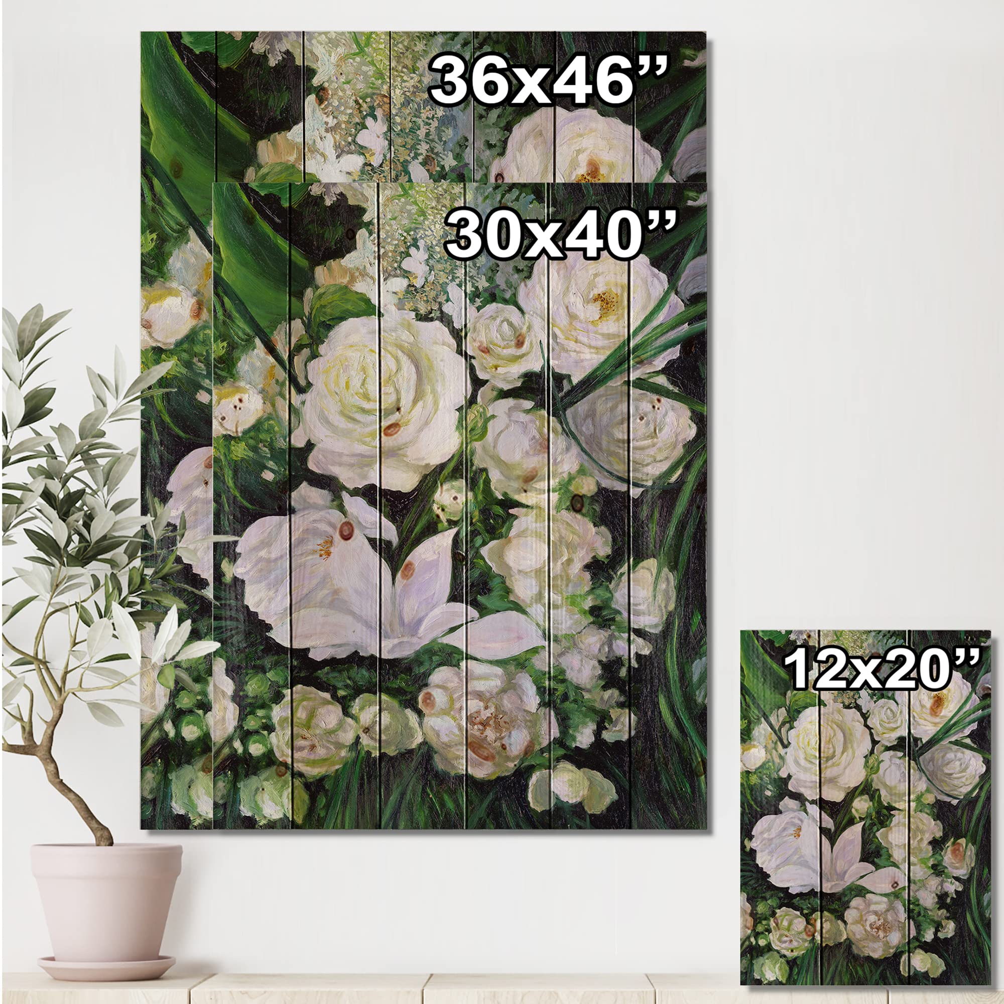 DesignQ White Roses Wood Wall Decor - Large Floral Wall Art Panel Printed on Natural Pine Wood - Perfect for Living Room, Bedroom, and Home Office Decoration