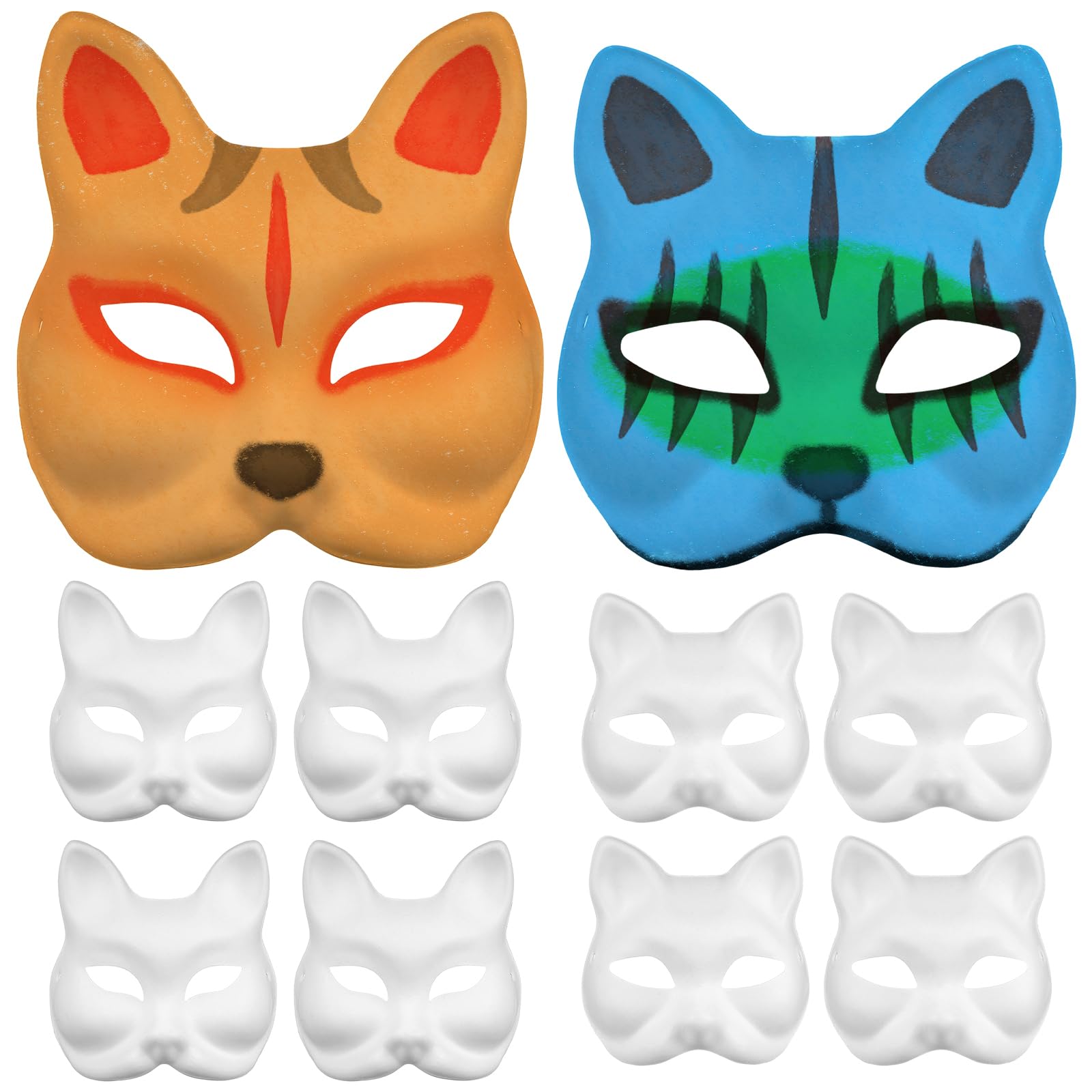 10pcs Unpainted DIY Cat & Fox Masks - Blank White Paper Masquerade Masks for Halloween Costume Party, Cosplay, Face Painting & Craft Projects