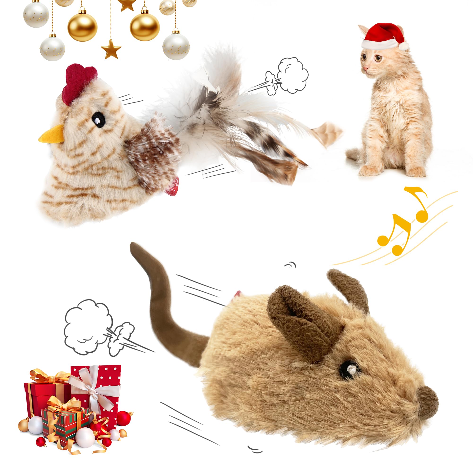 Gigwi Interactive Cat Toys for Indoor Cats - 2 Pack Electronic Moving Mouse Toys with Realistic Squeaky Sounds, Automatic Self-Play Exercise Toy for Kittens (Brown Ears & Chicken) - Perfect for Playtime, Training & Keeping Indoor Cats Active