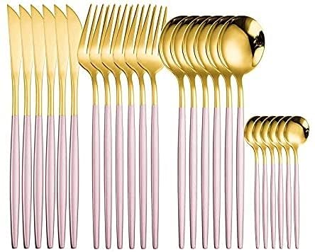 24-Piece Stainless Steel Rainbow Cutlery Set - Knives, Forks, Spoons in Pink Gold for Kitchen & Dining | Elegant Tableware for Dinner Parties, Restaurants & Home Use