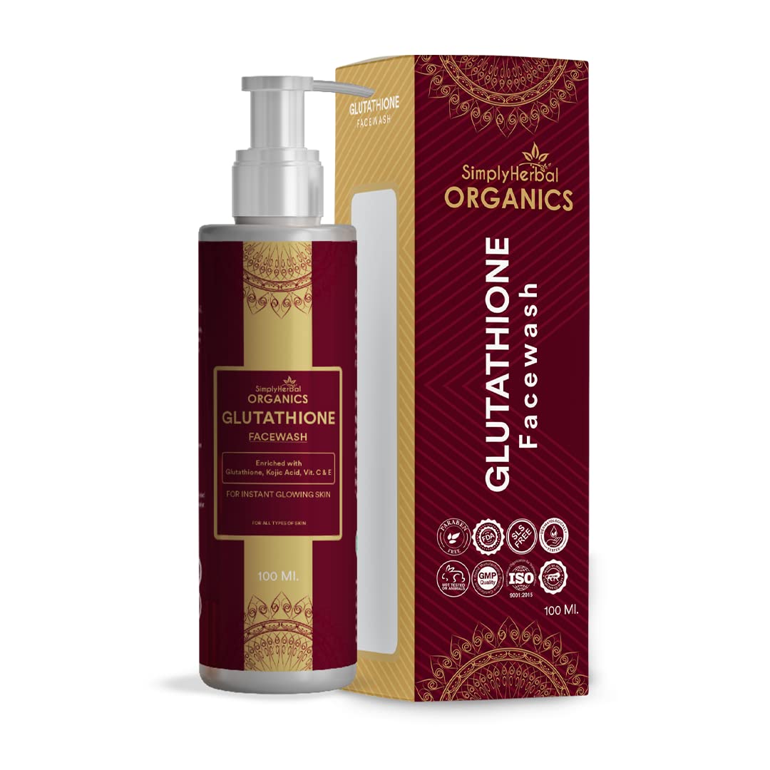 Simply Herbal Glutathione Face Wash with Vitamin C & E, Kojic Acid - Brightening, Oil Control & Hydrating Cleanser for Pigmentation & Tan Removal (100ml) | Perfect for Daily Skincare Routine & Achieving Glowing Skin