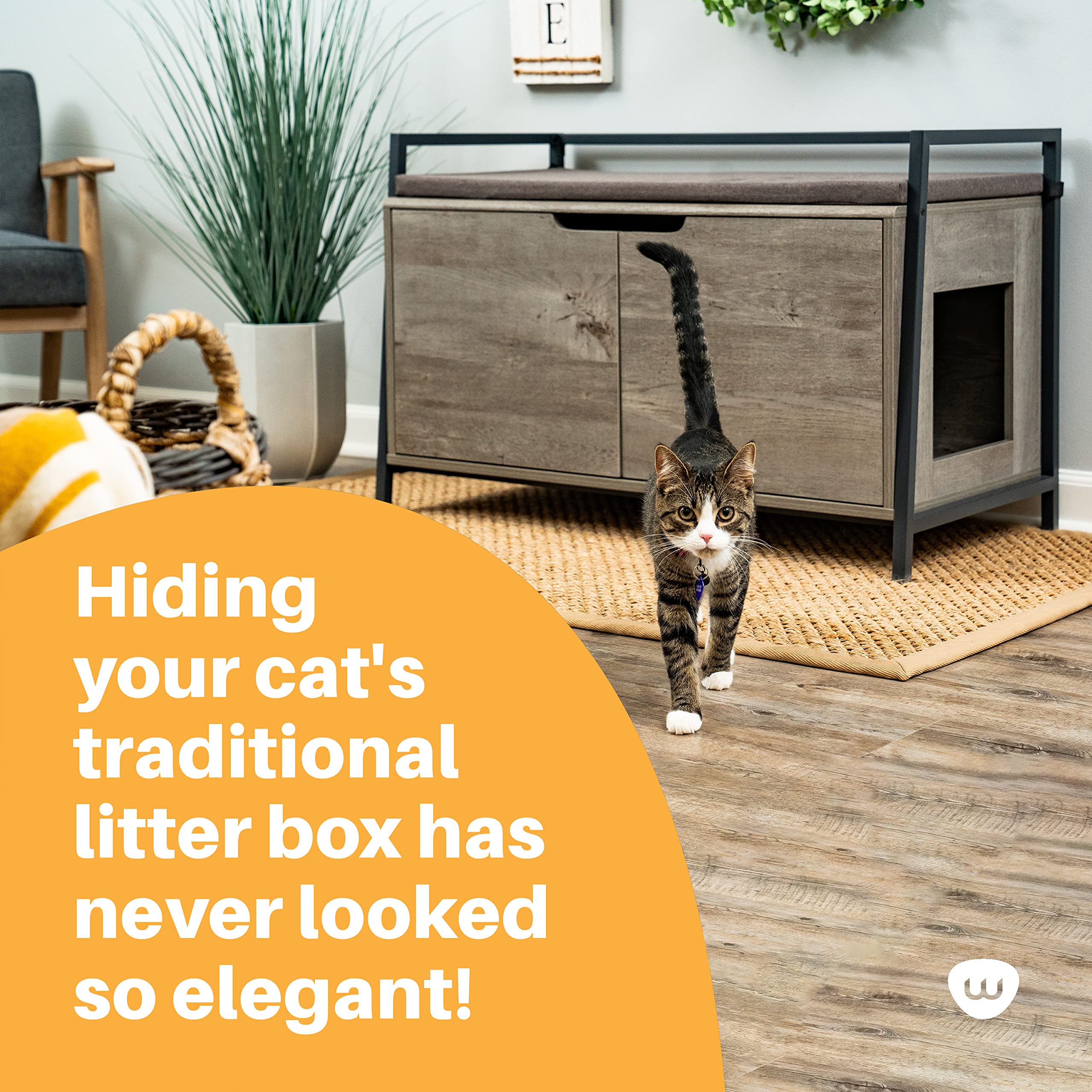 Whisker Litter Box Bench with Enclosure - Farmhouse Style Hidden Cat Litter Box Furniture, Mystic Oak Finish, 38.11