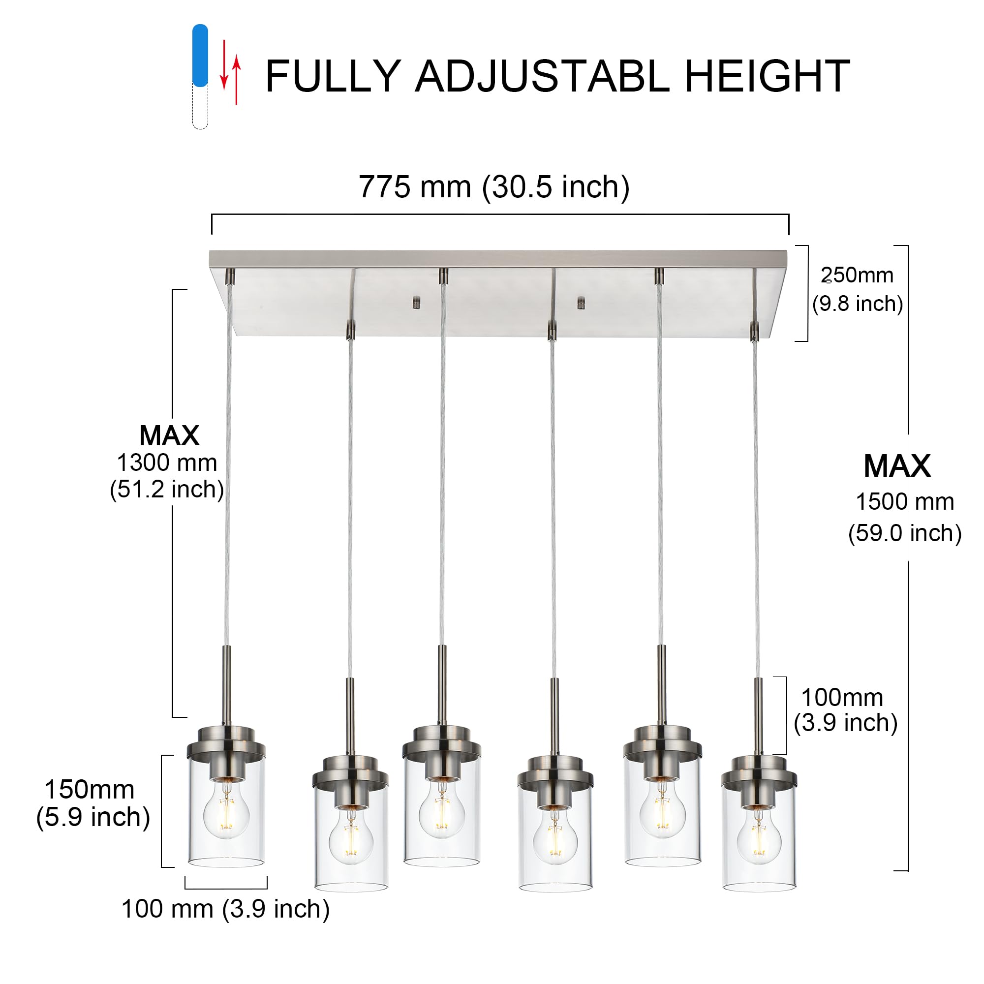 Modern 6-Light Linear Chandelier - 30.5 Inch Brushed Nickel Pendant Lighting with Clear Glass Shades for Kitchen Island & Dining Room | Perfect for Contemporary Home Decor, Restaurant Lighting, and Open Concept Spaces