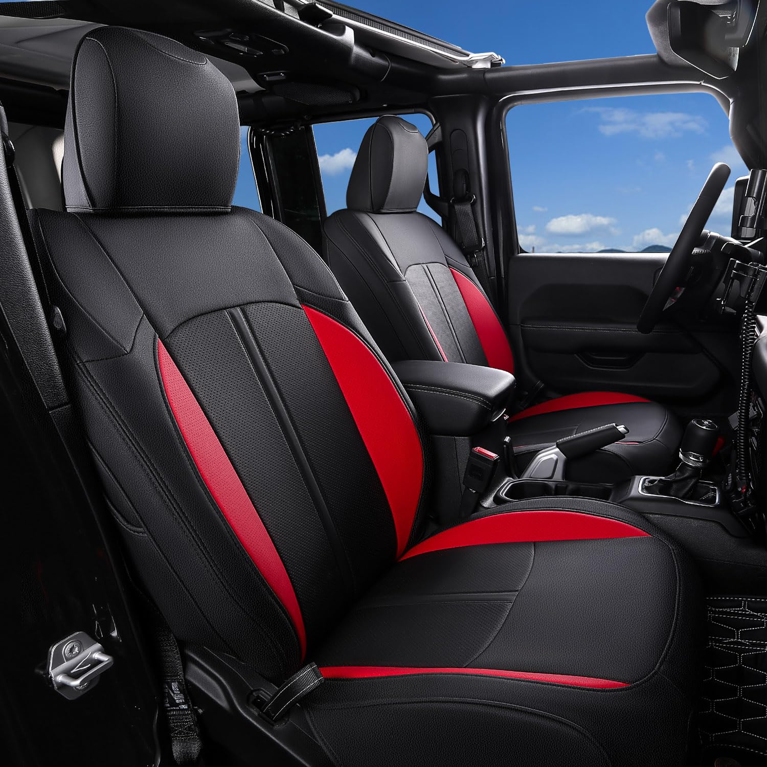 Premium PTYYDS Seat Covers for 2018-2024 Jeep Wrangler JL 4-Door - Custom Fit Car Seat Protectors & Accessories (Black & Red, No Cup Holder) - Perfect for Off-Roading, Daily Commute & Interior Protection