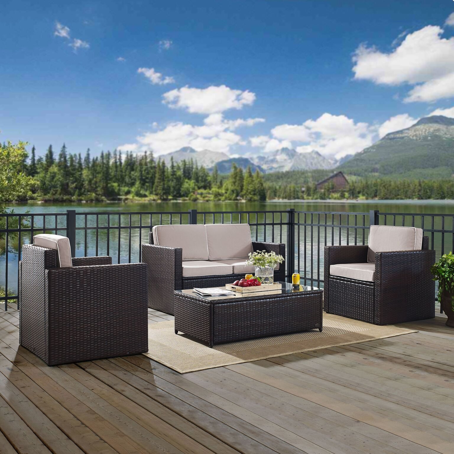 Crosley Palm Harbor 4-Piece Outdoor Wicker Loveseat Set with Gray Cushions - Patio Furniture Conversation Set for Garden, Backyard & Poolside Relaxation