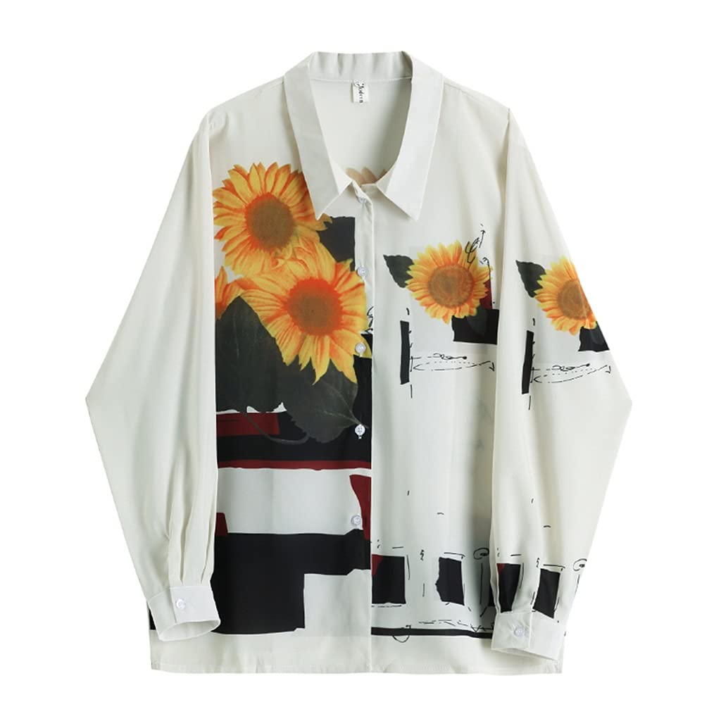 Vintage Sunflower Print Long Sleeve Blouse for Women - Elegant Casual Cardigan Shirt Tops (Color A, Size S) | Perfect for Spring/Autumn Outfits, Office Wear & Date Nights
