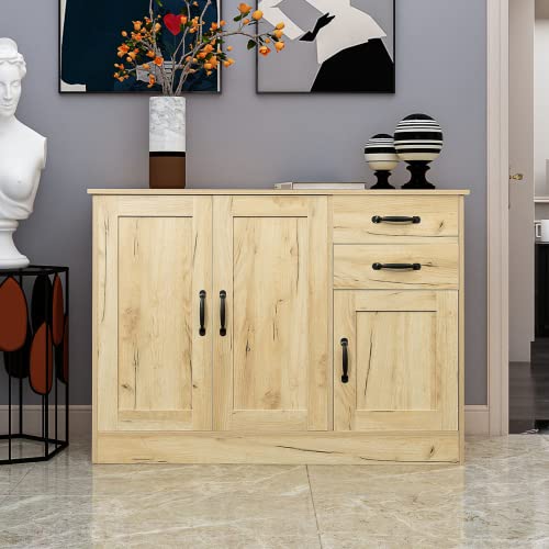 Buffet Server Sideboard Storage Cabinet - 43.3 Inch Oak Console Table with 2 Doors & 2 Drawers - Kitchen & Dining Room Furniture for Utensils Organization - Perfect for Entryway, Living Room & Home Decor
