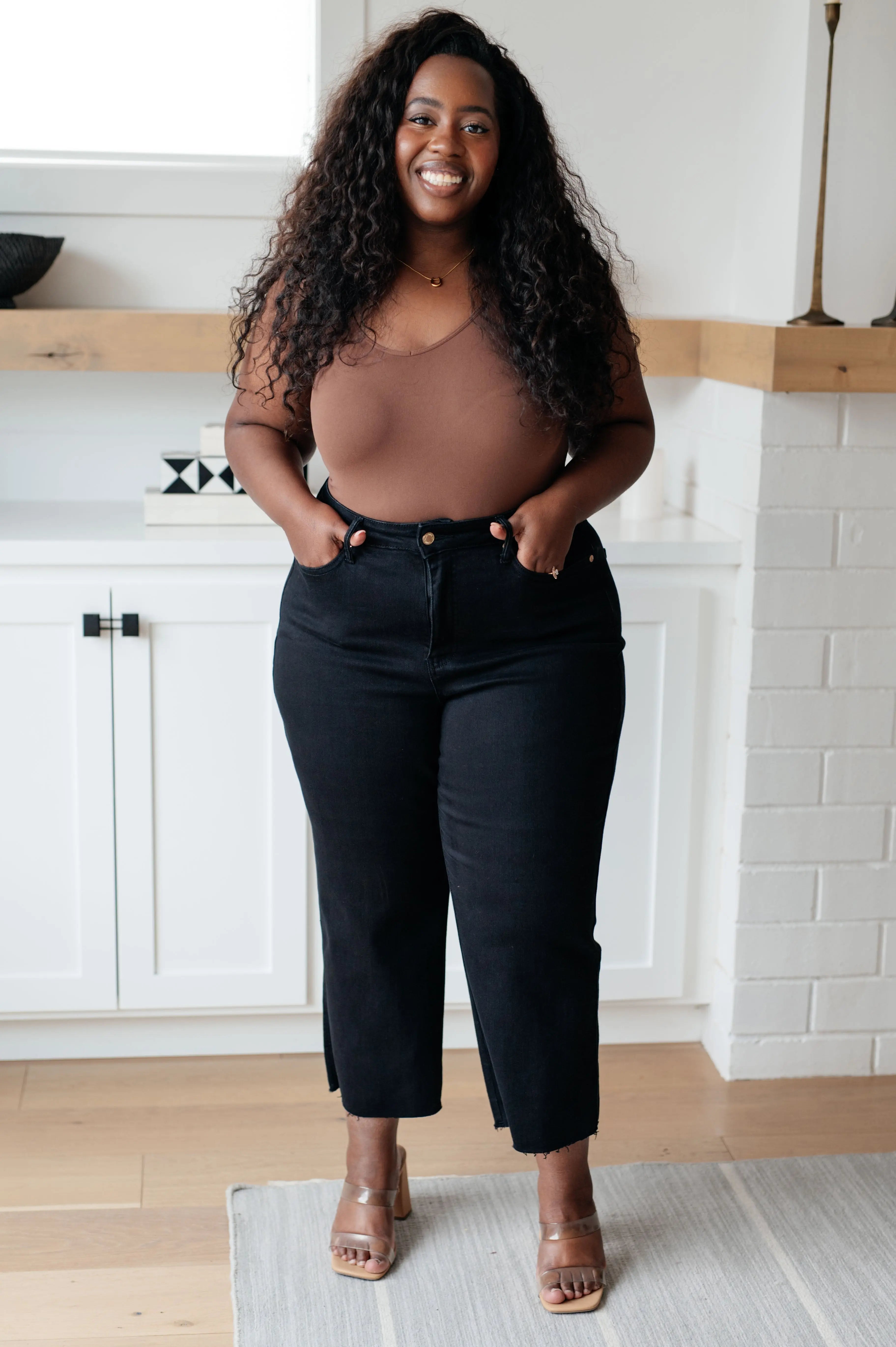 Lizzy High Rise Control Top Wide Leg Crop Jeans for Women - Black Denim Pants for Casual Wear & Street Style Outfits