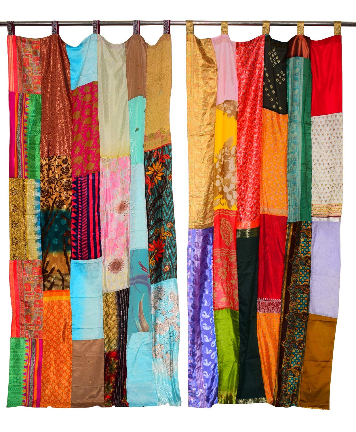 Vintage Indian Sari Patchwork Curtains - Multi-Color Bohemian Window Drapes for Living Room & Bedroom - Set of 6 Assorted Panels - Eco-Friendly Upcycled Home Decor for Ethnic & Boho Chic Interiors