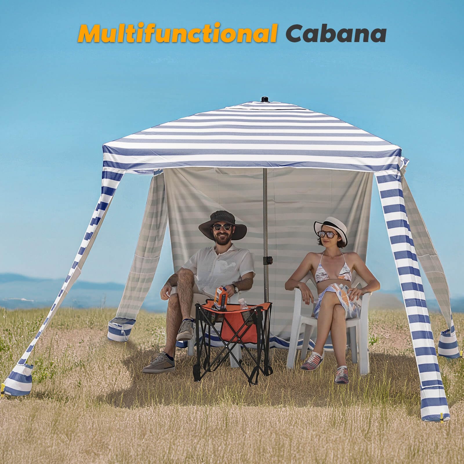 UPF 100+ UV Protection Beach Cabana Tent with Foldable Camping Table - 6' x 6' Portable Canopy Shelter, Waterproof Fabric & Attachable Walls for Easy Setup - Perfect for Family Beach Trips, Camping, Picnics & Outdoor Events (Navy Blue)