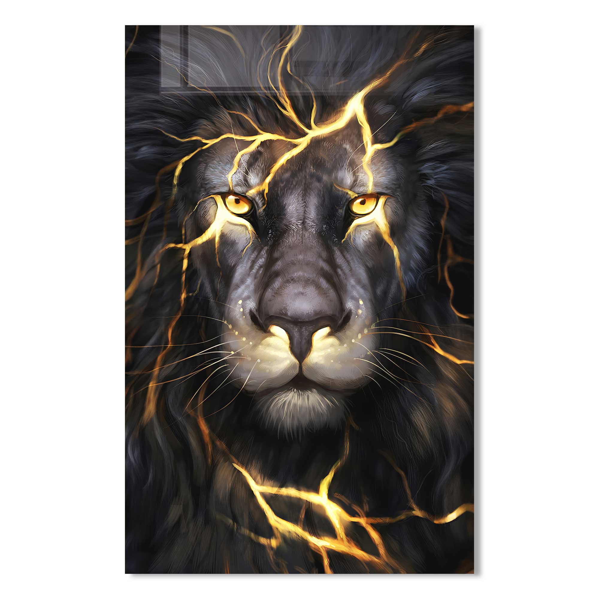 Lightning Lion Tempered Glass Wall Art - Shatterproof & Durable Modern Home Decor for Living Room, Bedroom, or Office - Perfect Gift for Animal Lovers & Nature Enthusiasts