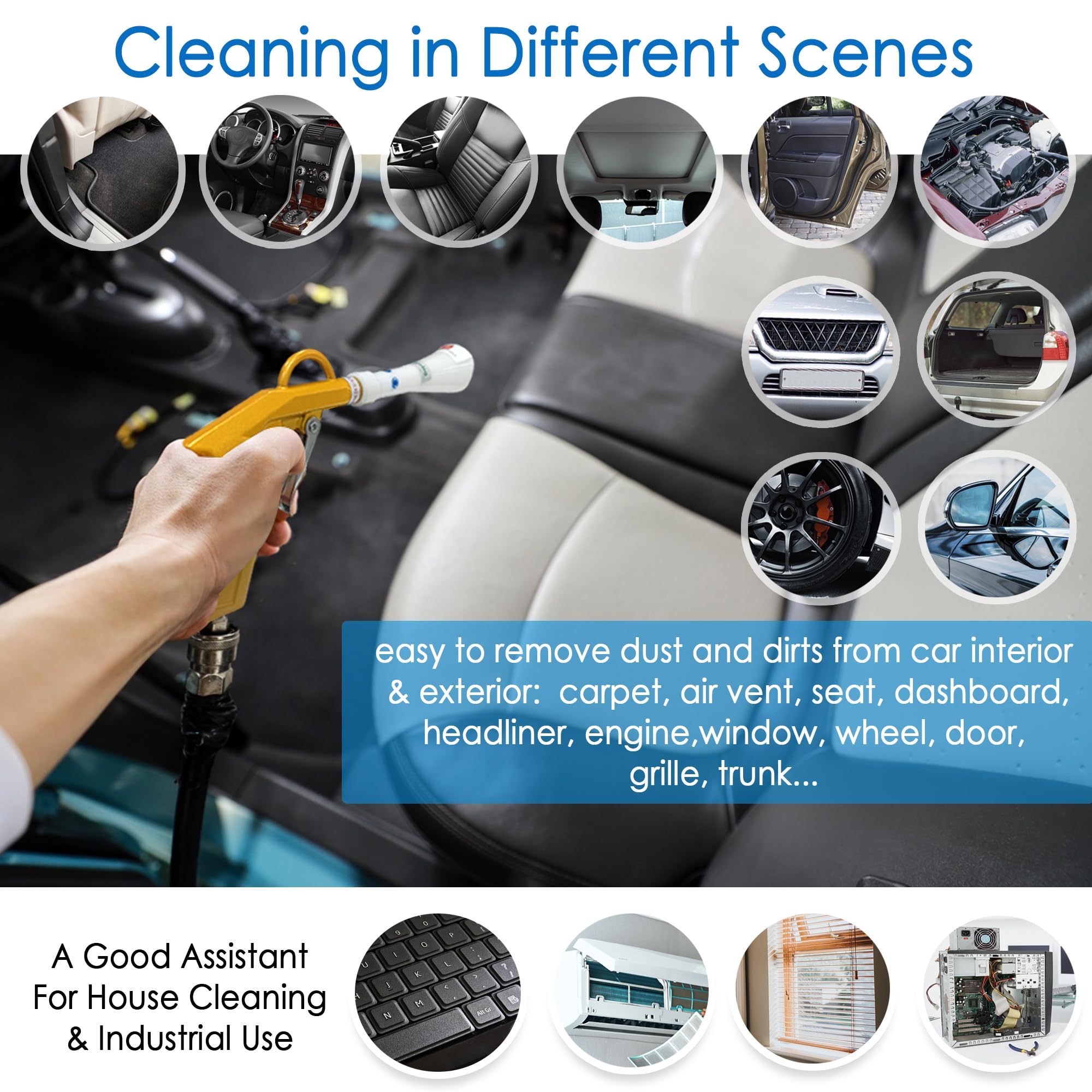 Air Blow Gun for Car Detailing - High-Pressure Air Compressor Blower with Nozzle & Dusting Brush - Perfect for Interior Cleaning, Drying, and Dust Removal - Ideal for Auto Detailing, Car Wash, and Workshop Maintenance