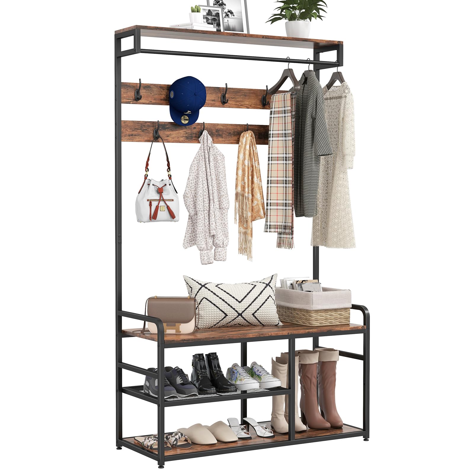 Industrial Hall Tree Coat Rack with 9 Hooks & Storage - Rustic Brown Entryway Organizer for Shoes, Coats & Accessories - Perfect for Mudroom, Foyer or Small Space Entryway Organization