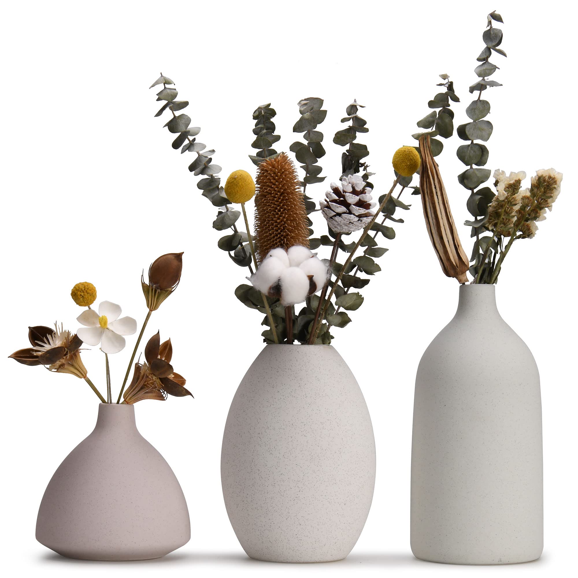 Large Ceramic Vase Set of 3 - Modern Rustic Minimalist Home Decor, Neutral Tall Flower Vases for Fresh/Dried Flowers - Farmhouse & Scandinavian Style Vases for Living Room, Bedroom, Kitchen & Entryway - Perfect for Centerpieces, Wedding Decor, and Housewarming Gifts
