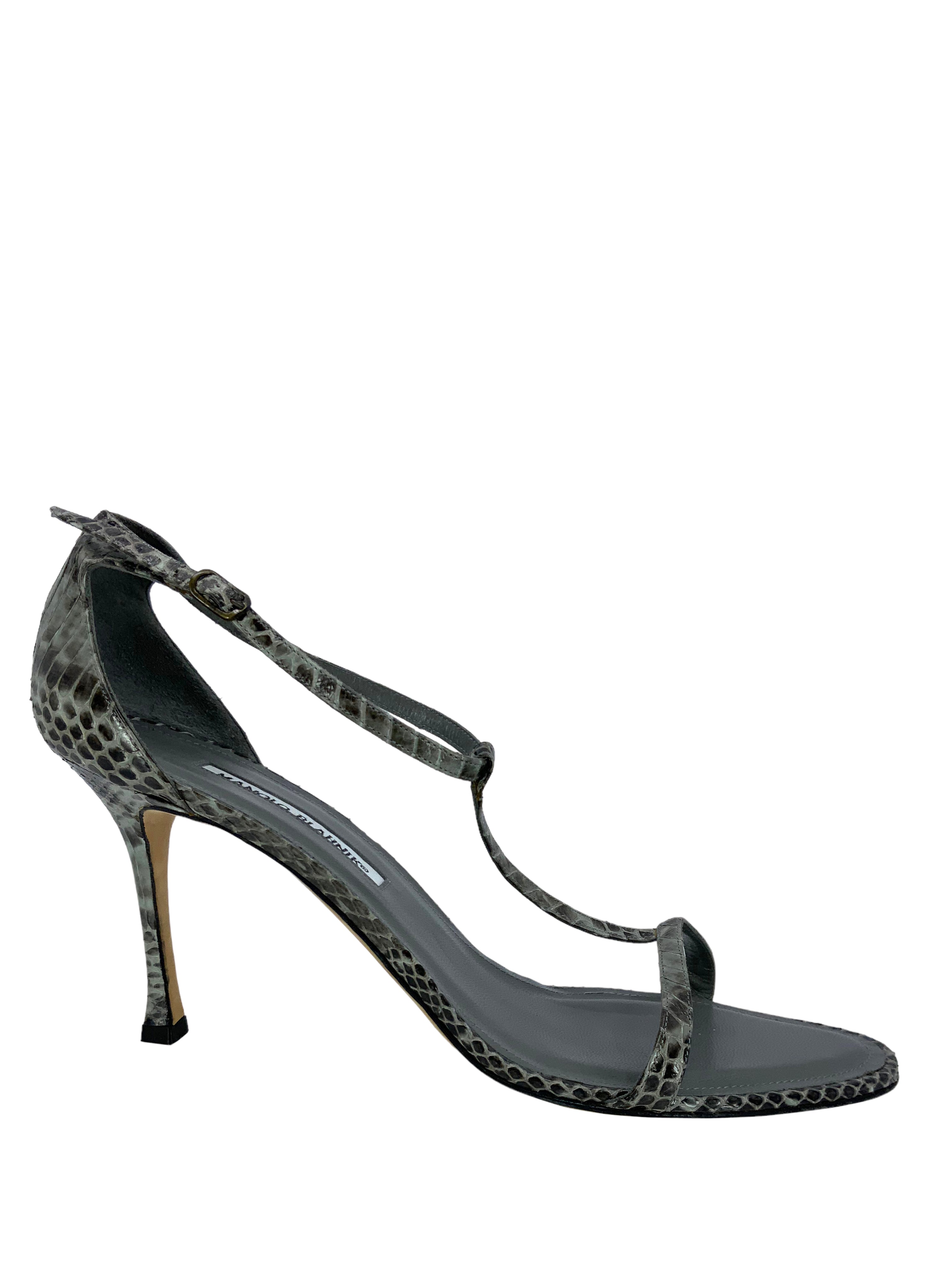 Manolo Blahnik Women's Size 12 Snakeskin T-Strap Heel Sandals - Luxury Designer Shoes for Evening Parties & Weddings