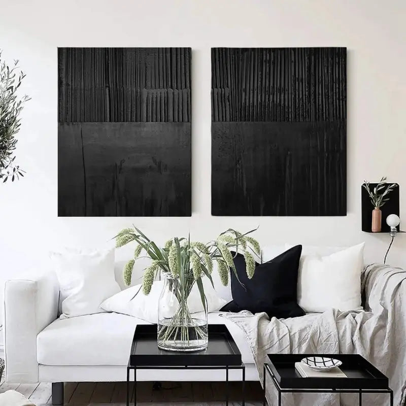 Black Minimalist Textured Painting Canvas Set of 2 - Modern Abstract Wall Art for Living Room & Bedroom Decor - #MZ028