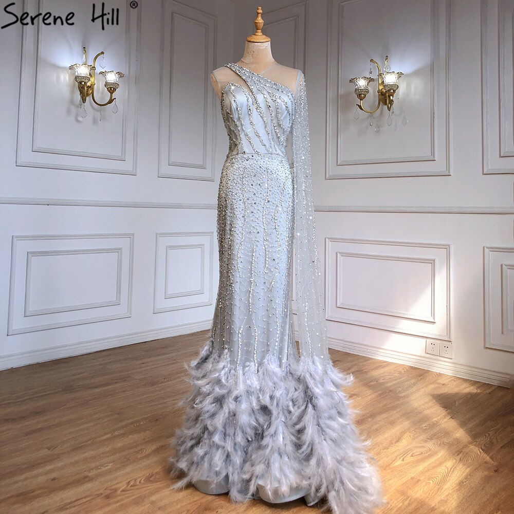 Elegant Gold One Shoulder Mermaid Evening Dress with Feather & Beaded Details - Luxury Women's Party Gown for Prom, Wedding & Special Occasions - Serene Hill LA71096