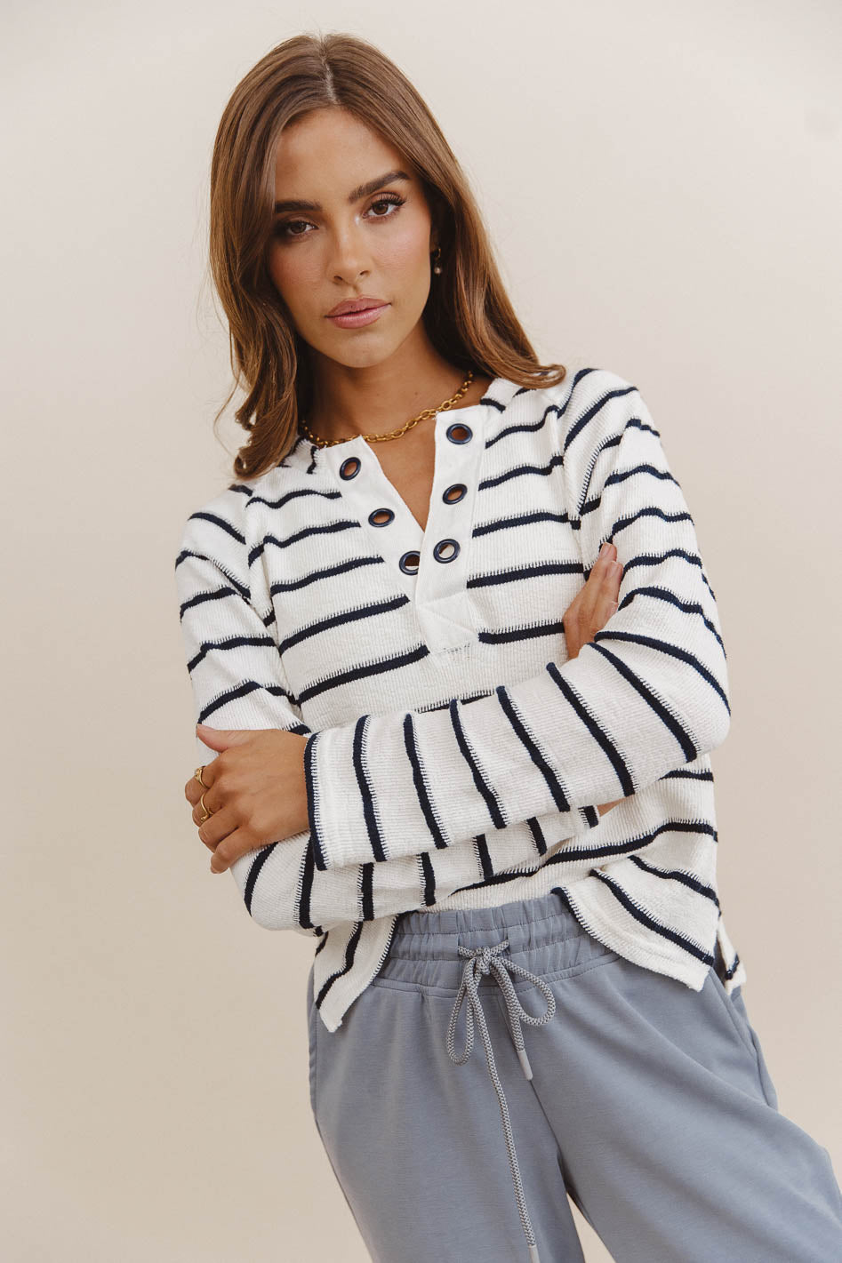 Franny Striped Grommet Top Navy Blue - Women's Fashion Boho Blouse for Casual Outings & Beach Vacations