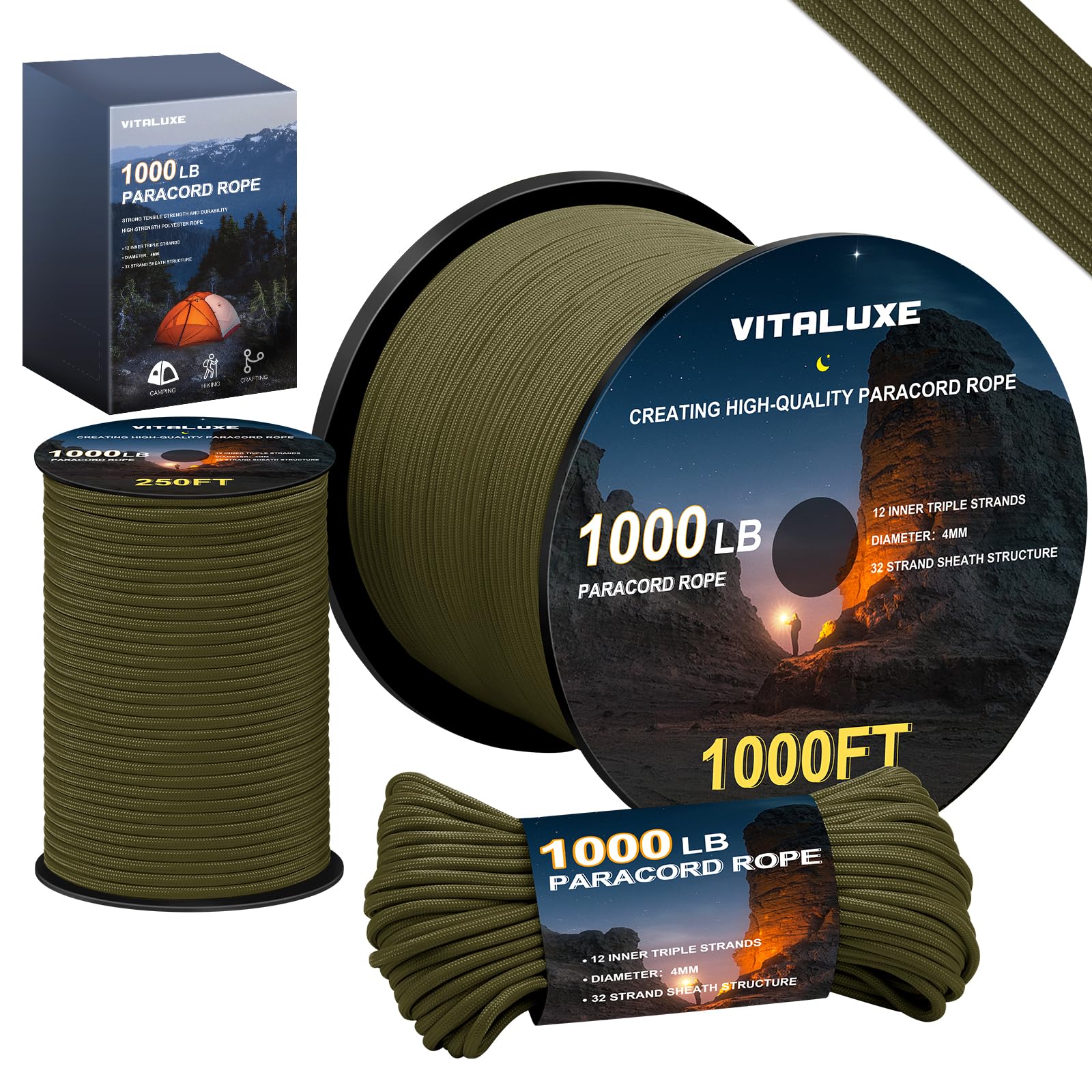 Heavy Duty 1000lb 4mm Paracord Rope - Survival, Camping & Hiking Gear