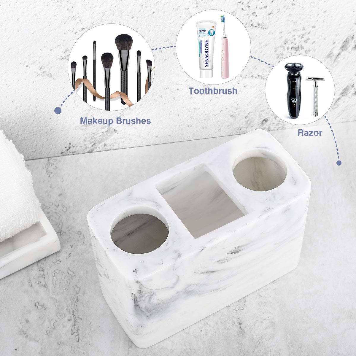 Luxspire Electric Toothbrush Holder with 3 Slots - Large Marble Toothbrush & Toothpaste Stand - Resin Bathroom Organizer for Vanity Counter & Sink - Ink White - Perfect for Modern Bathrooms & Spa-Style Decor