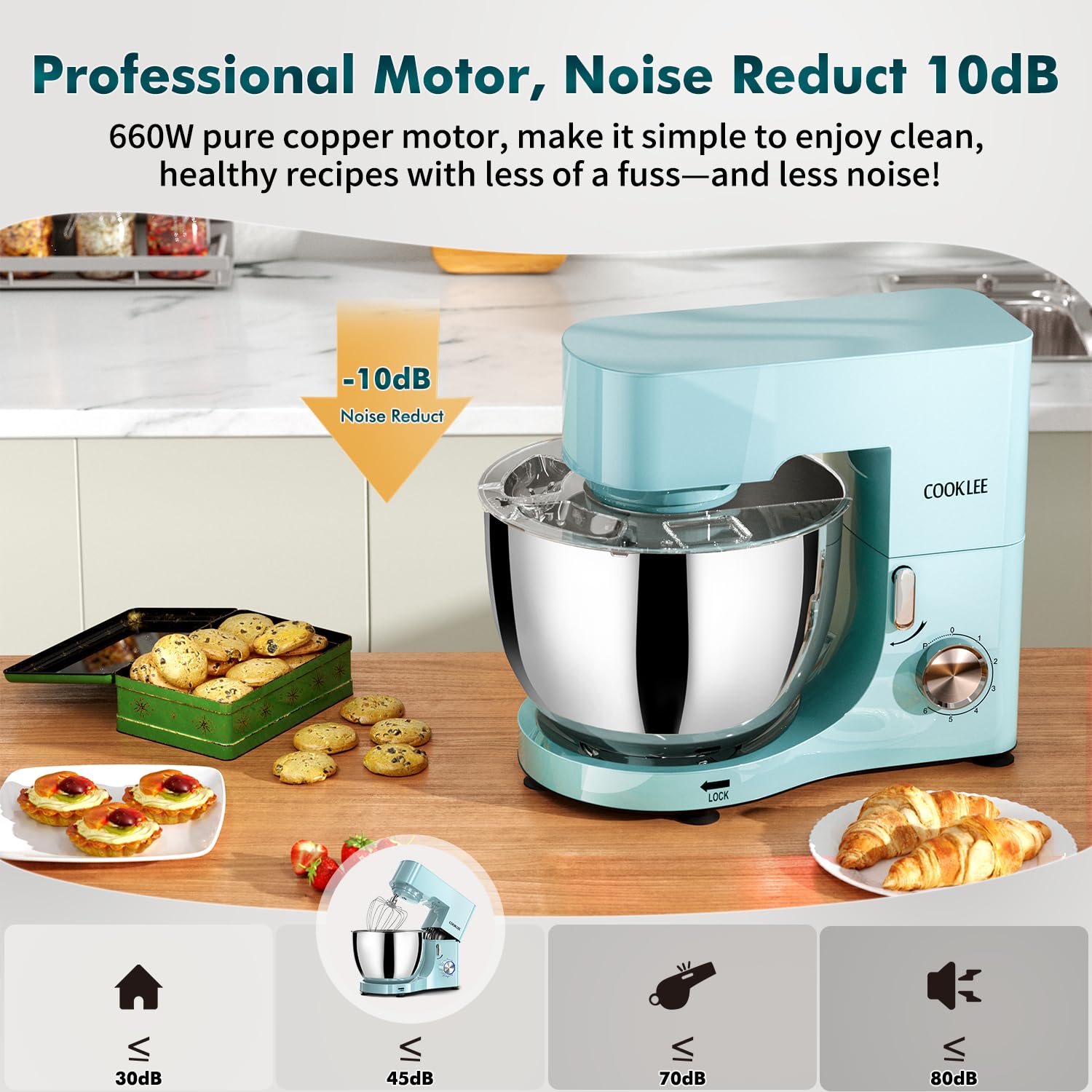 COOKLEE 9.5 Qt 660W Stand Mixer - Powerful Electric Kitchen Mixer with Dishwasher-Safe Attachments (Dough Hook, Flat Beater, Wire Whip & Pouring Shield) - Perfect for Baking Cakes, Cookies, Bread & Dough - Ideal for Home Bakers & Cooking Enthusiasts