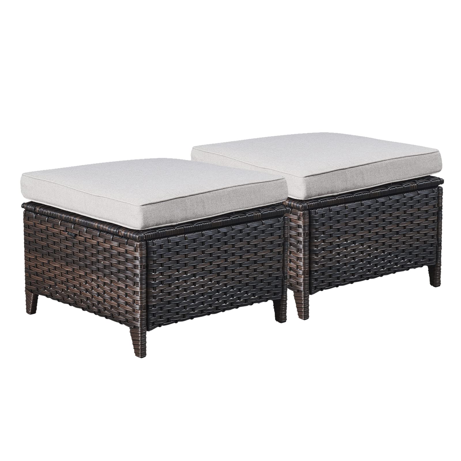 2-Piece Outdoor Wicker Ottoman Set with Thick Cushions - Brown/Beige Rattan Patio Footrest & Footstool for Garden, Poolside & Deck Relaxation
