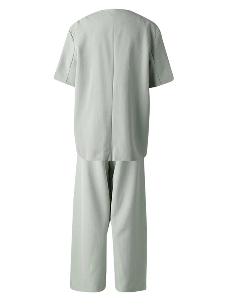 Women's Big Size Green Blazer & Wide Leg Pants Two-Piece Suit - V-Neck Short Sleeve Fashion Set for Spring Summer 2025 (CPG3079) | Office Wear, Business Casual, Wedding Guest Outfit