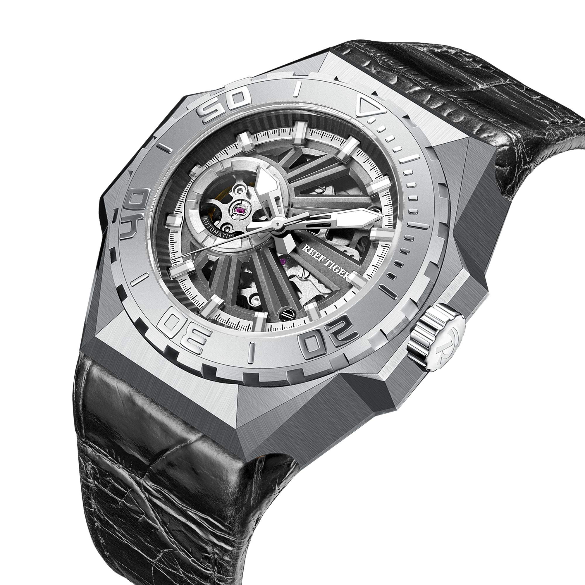 REEF TIGER Men's Skeleton Automatic Dive Watch - Military Style Mechanical Watch with Leather Strap RGA6903-S - Perfect for Scuba Diving, Outdoor Adventures & Casual Wear