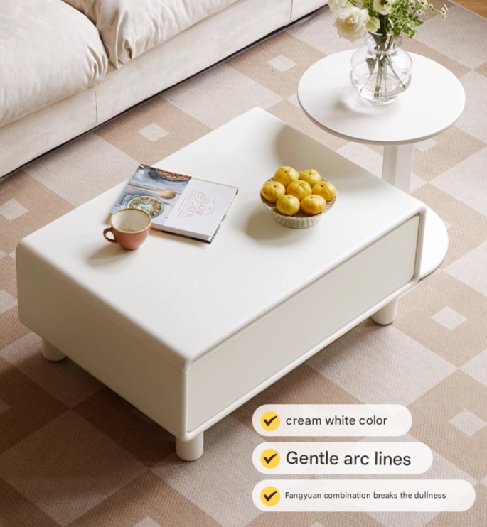 Modern Oak Solid Wood Coffee Table - Cream Finish, Minimalist Design for Living Room, Lounge, or Office - Durable & Stylish Home Decor