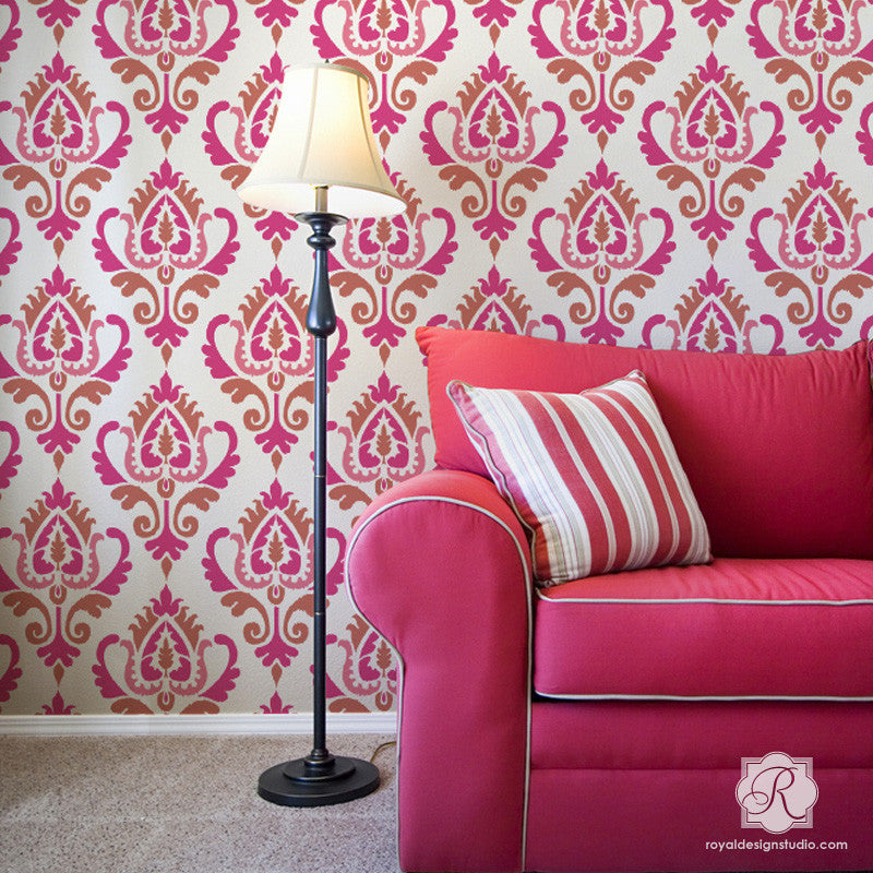 Anika Ikat Damask Wall Stencil - DIY Home Decor Painting Template for Walls, Furniture & Crafts - Perfect for Bedroom, Living Room, Nursery Accent Walls