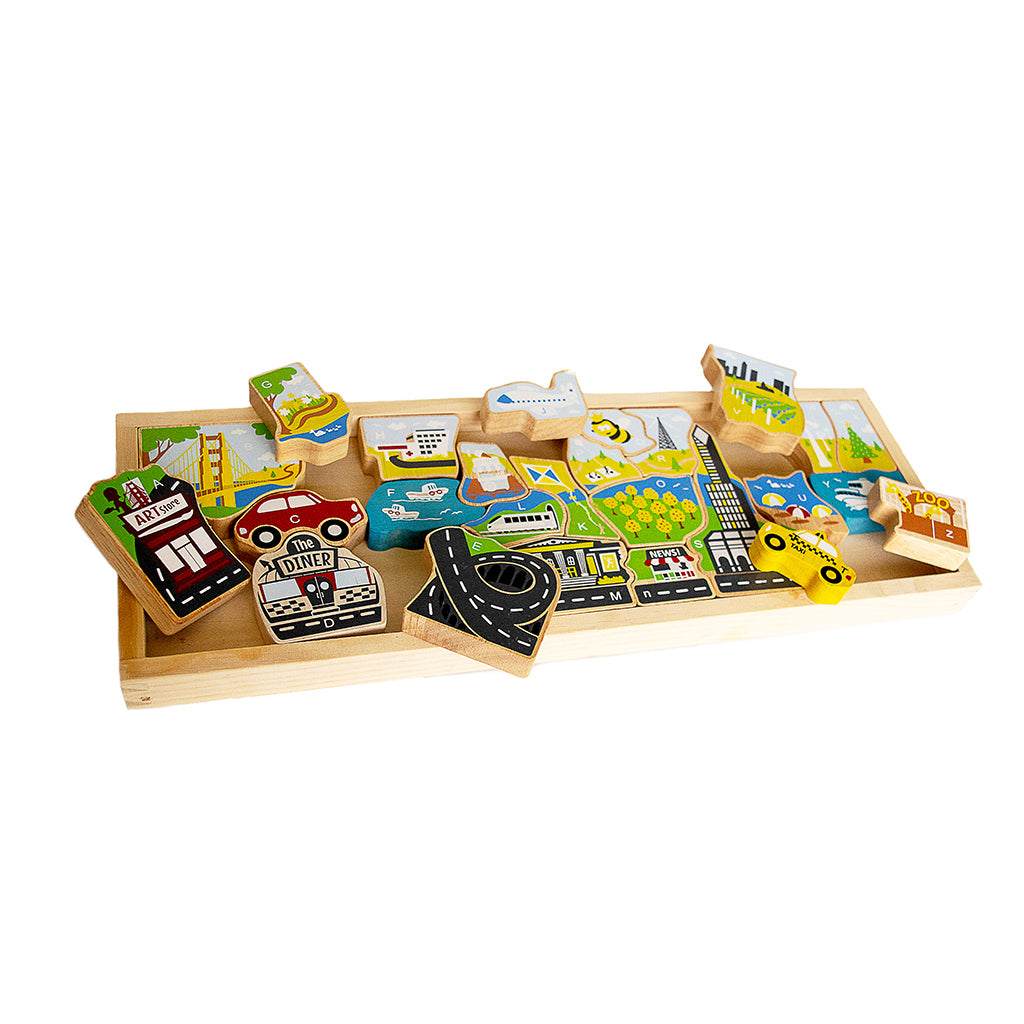 BeginAgain City A to Z Puzzle - Alphabet Learning Toy for Kids, Wooden Educational Puzzle for Toddlers - Perfect for Preschool Learning & Home Classroom Activities