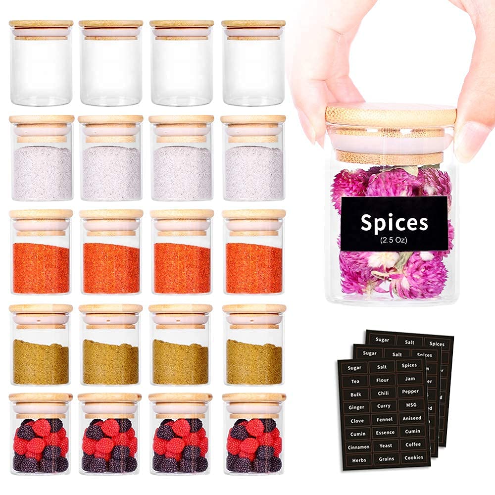 SAIOOL Wooden Kitchen Decor Set - Glass Pantry Storage Containers with Airtight Lids for Flour, Sugar, Coffee & Spices - Rustic Home Organization for Pantry, Countertop & Cabinet Storage