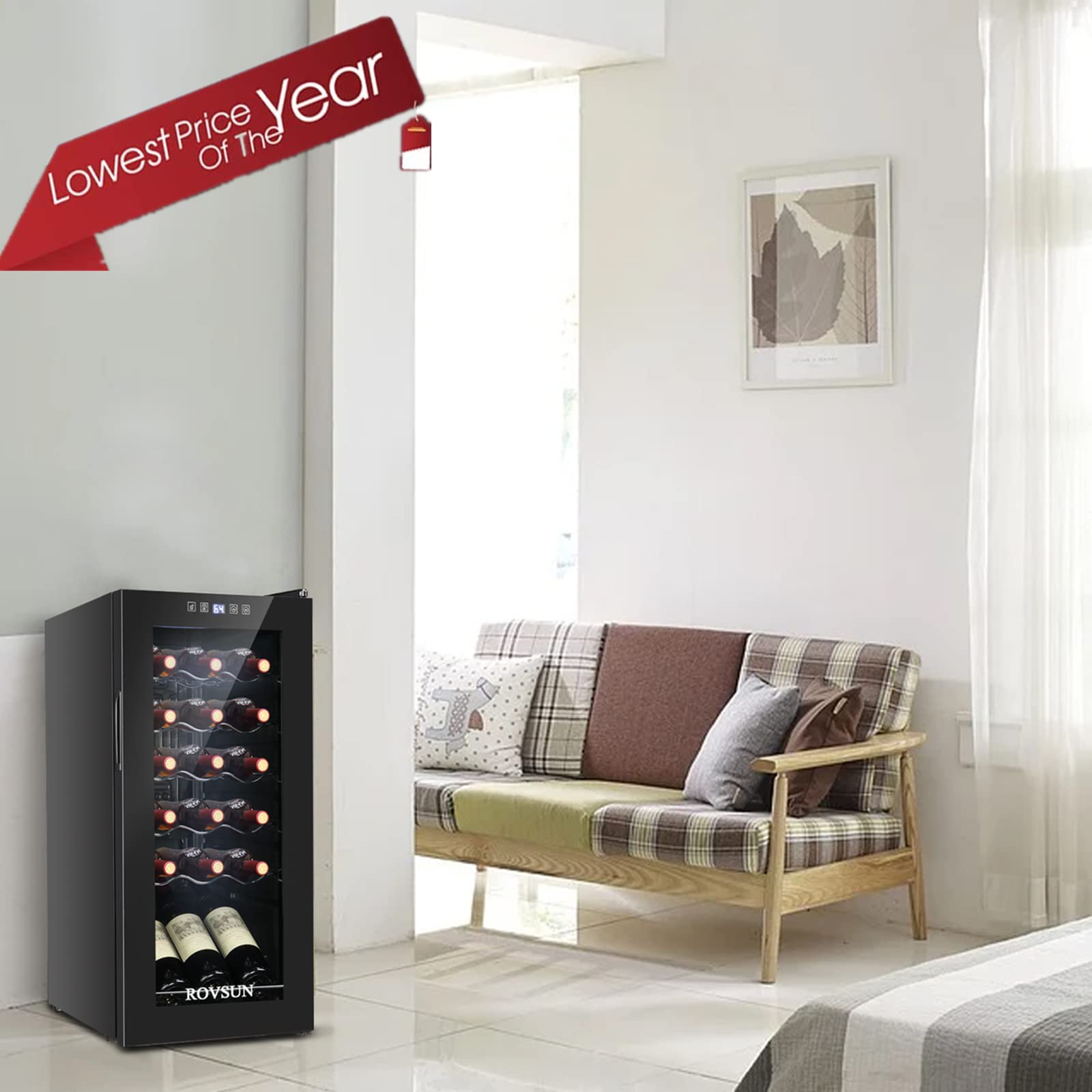 ROVSUN 18 Bottle Freestanding Wine Cooler Refrigerator with Digital Temperature Control & Double-Layer Glass Door - Perfect for Red, White Wine, Champagne, and Beer Storage in Home Bars, Restaurants, and Wine Cellars