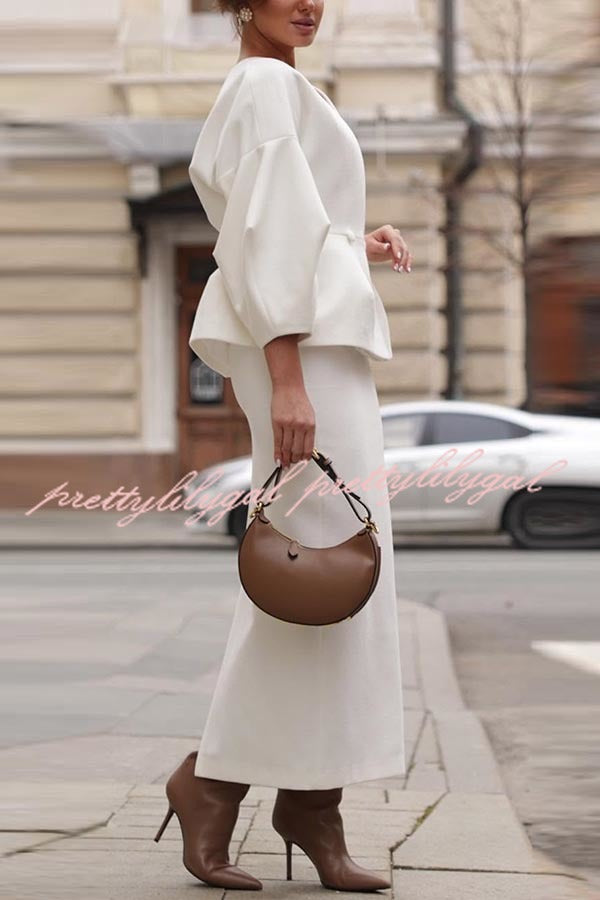 Viseu Textured Fabric Button-Down Balloon Sleeve Coat with Elastic Waist Pencil Maxi Skirt Set - Women's Elegant Office & Party Outfit for Fall/Winter Fashion