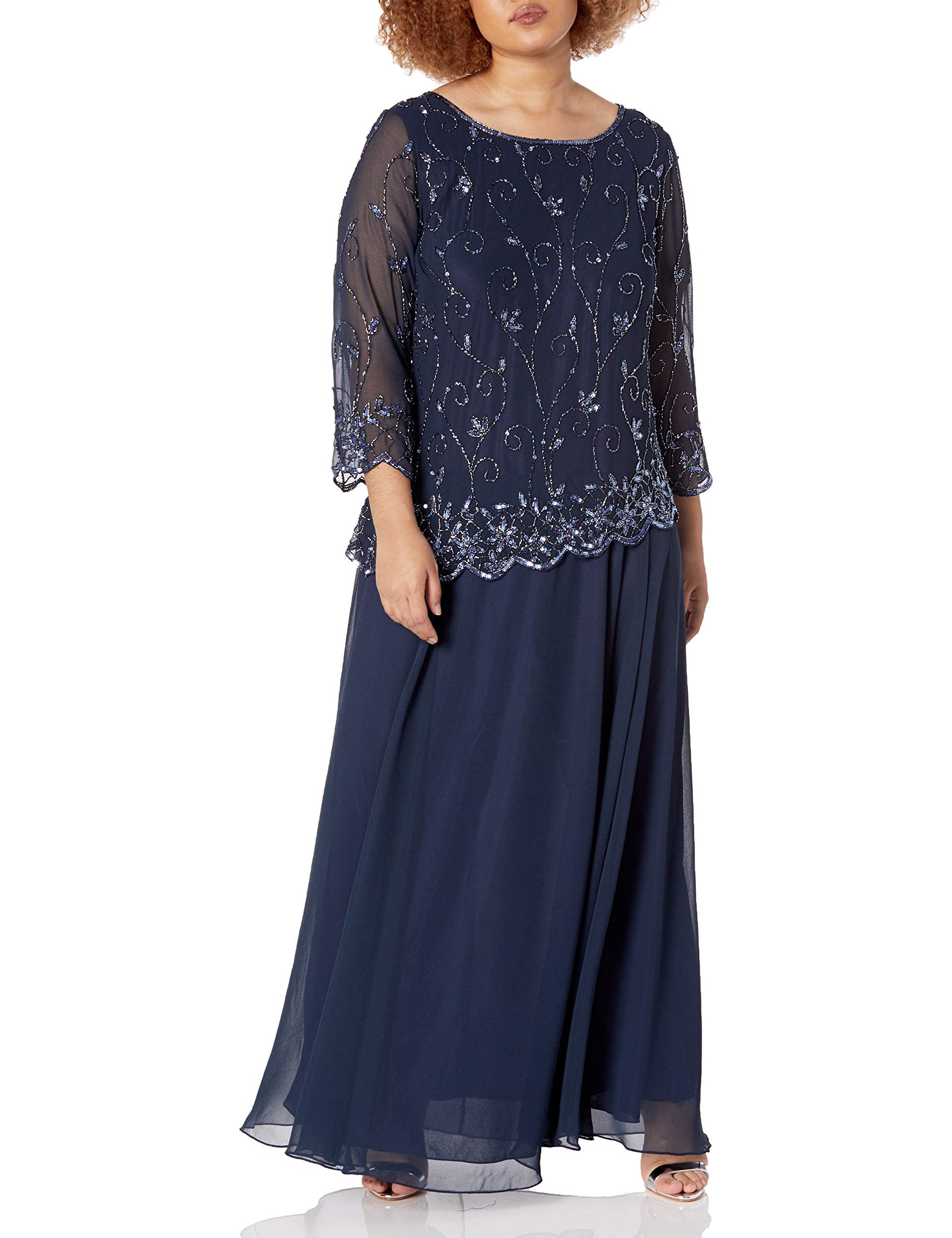 J Kara Women's Plus Size Beaded Scallop Bodice Asymmetrical Evening Gown - Elegant Formal Dress for Prom, Wedding & Special Occasions