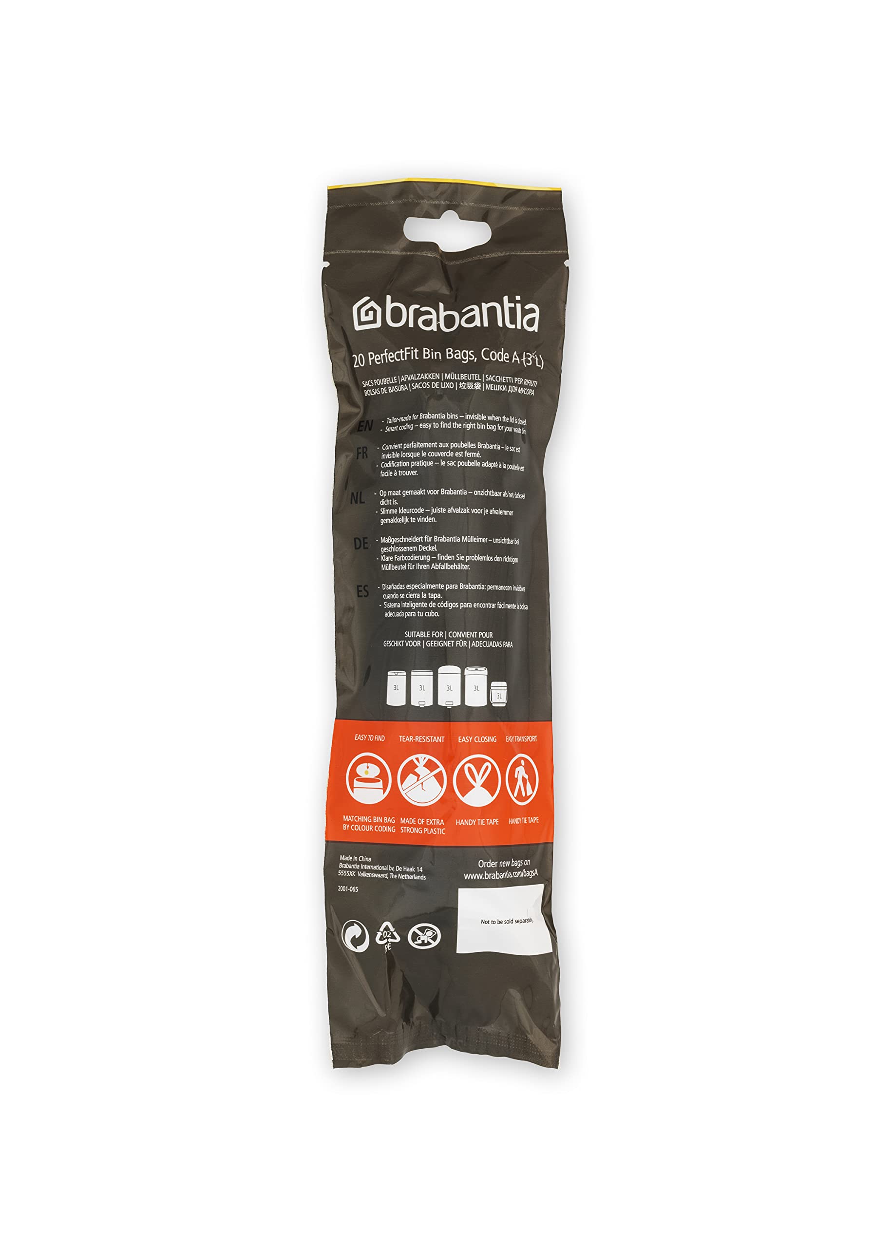 Brabantia PerfectFit Trash Bags Size A (0.8 Gallon) - 200 Count Thick Plastic Drawstring Trash Can Liners for Kitchen, Bathroom & Office Waste Disposal