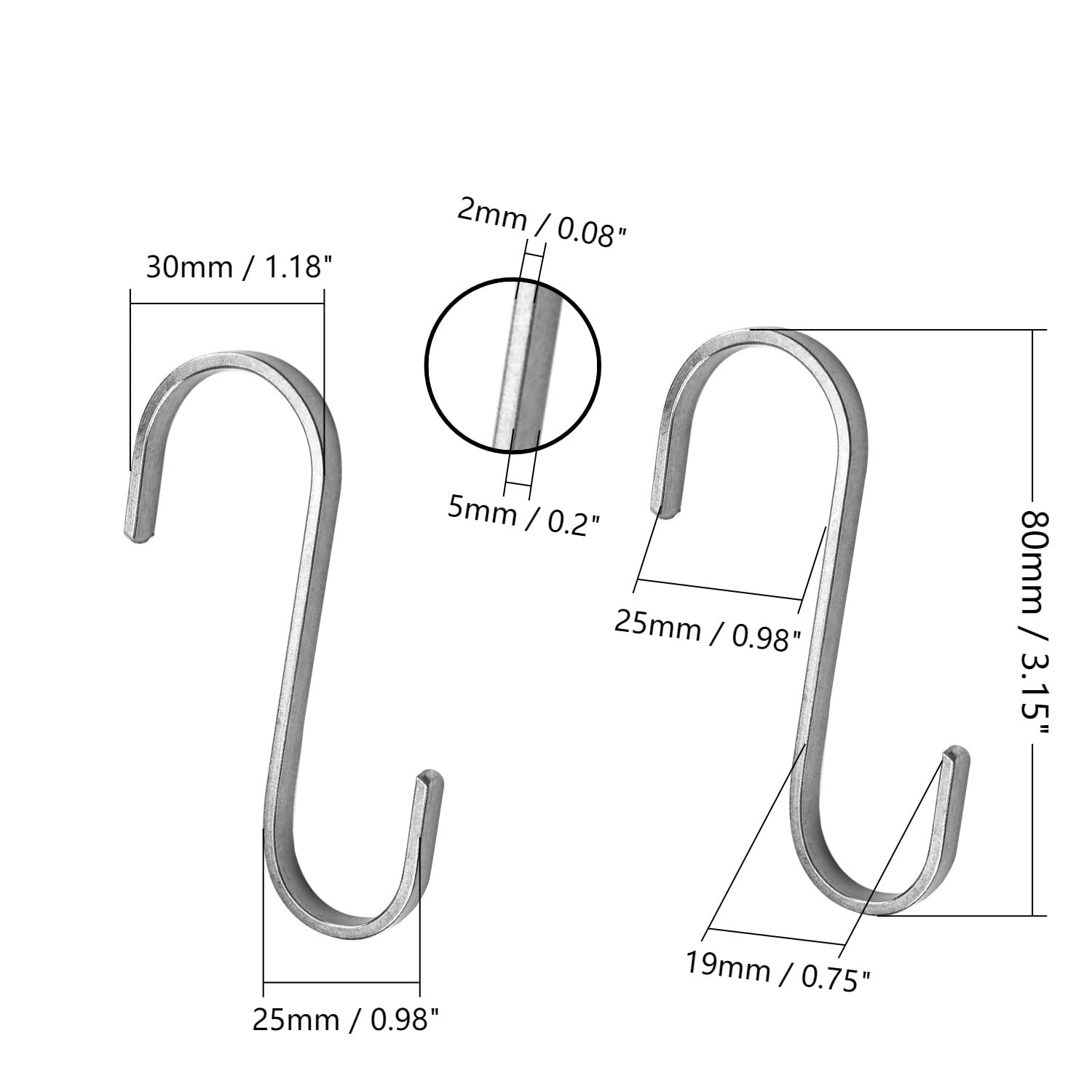 MroMax 304 Stainless Steel S Hooks - 8Pcs, 80mm/3.15