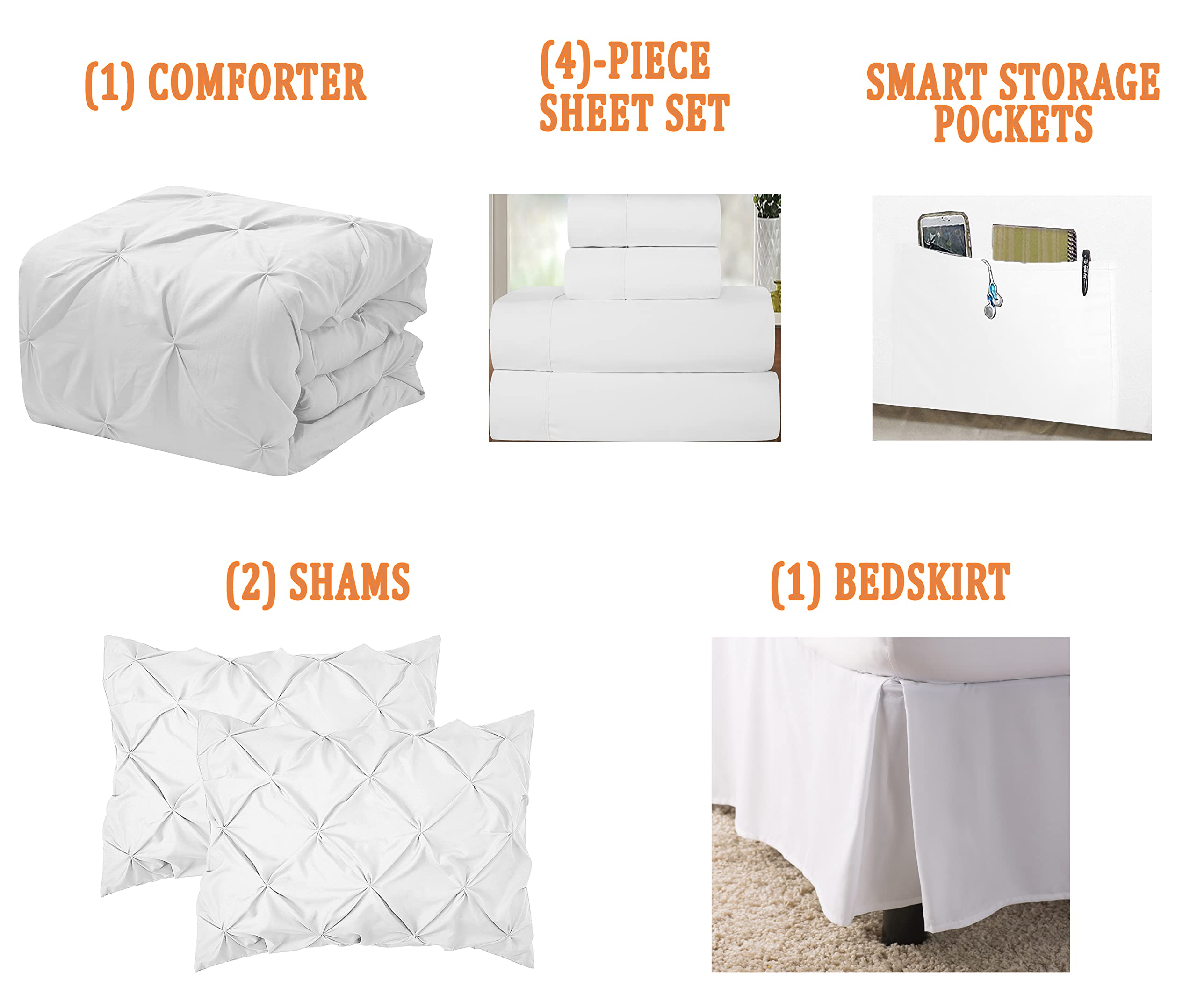 Luxury 8-Piece Pinch Pleated Comforter Set - Queen/Full Size Bed in a Bag with Silky Soft Sheets & Storage Pockets - Elegant White Bedding Set for Master Bedroom, Guest Room & Hotel Decor