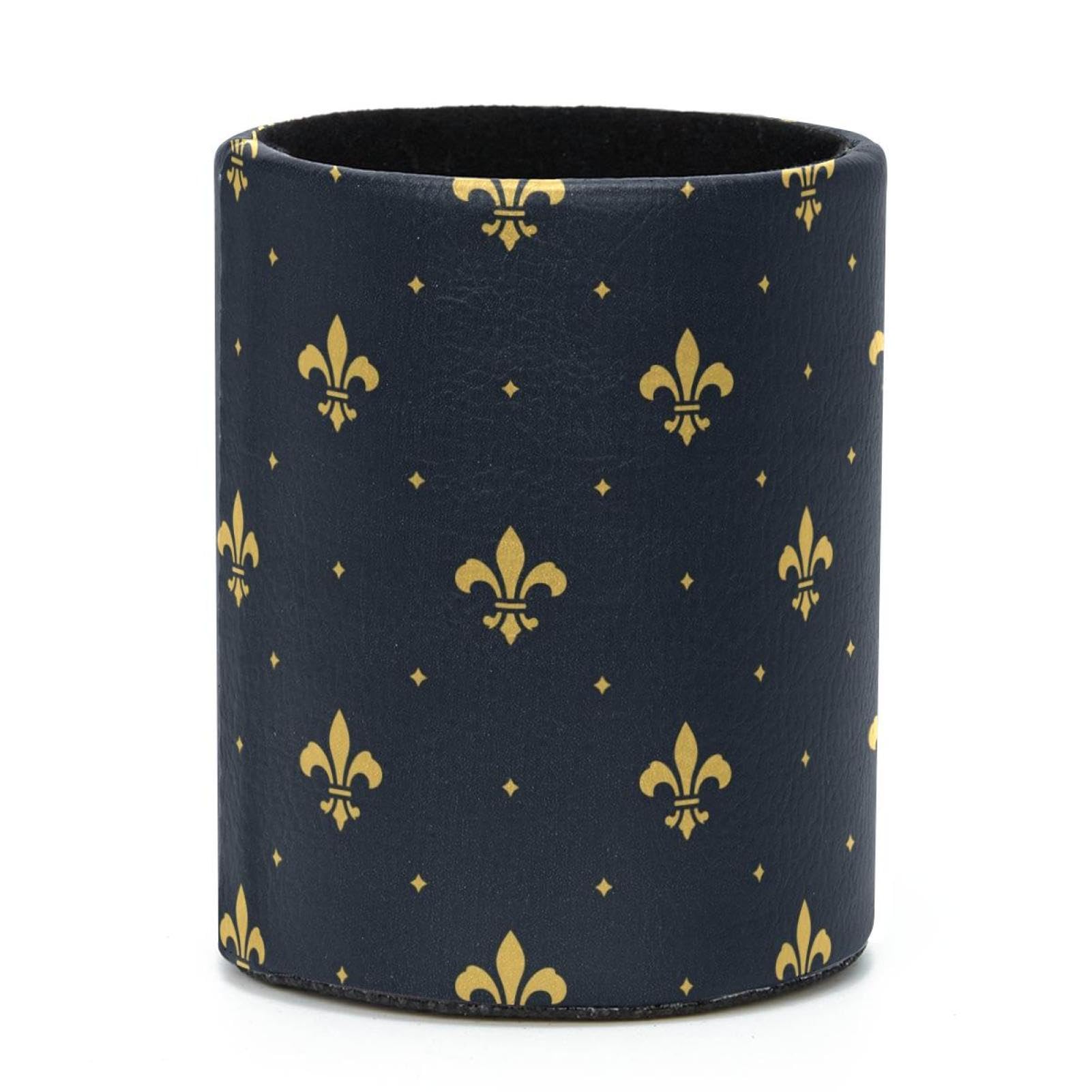 Premium Large Capacity Leather Pen Holder with Golden Fleur De Lis Pattern - Desk Organizer for Pens, Pencils & Makeup Brushes - Perfect for Home, Office & School Workspaces
