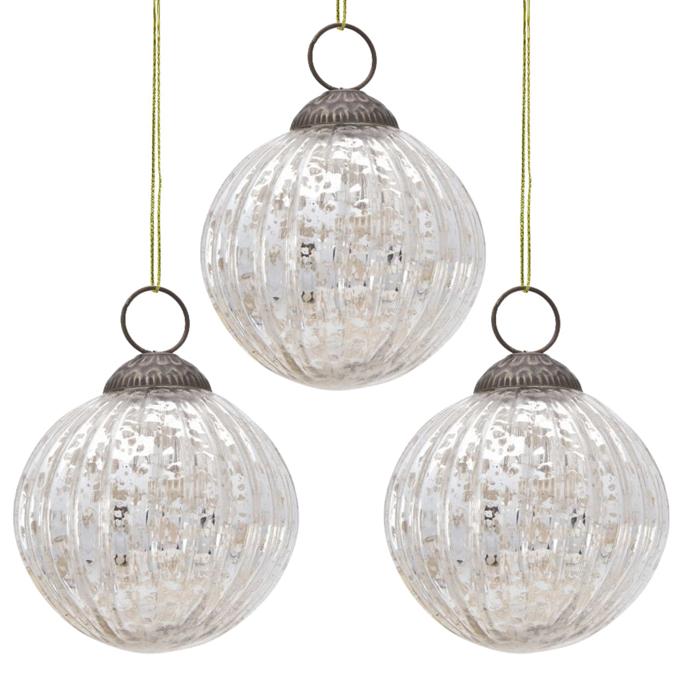 3 Pack Silver Mona Mercury Glass Ball Ornaments - Elegant Christmas Tree Decorations for Holiday Home & Party Decor