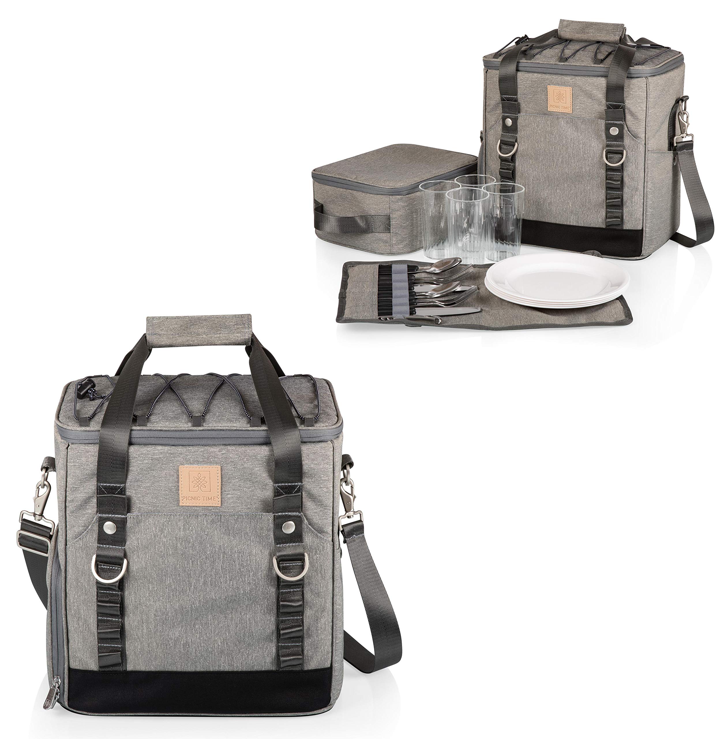PICNIC TIME PT-Frontier Insulated Picnic Cooler Tote Bag with Picnic Set - Portable Soft Cooler for Beach, Camping & Outdoor Activities (Heathered Gray)