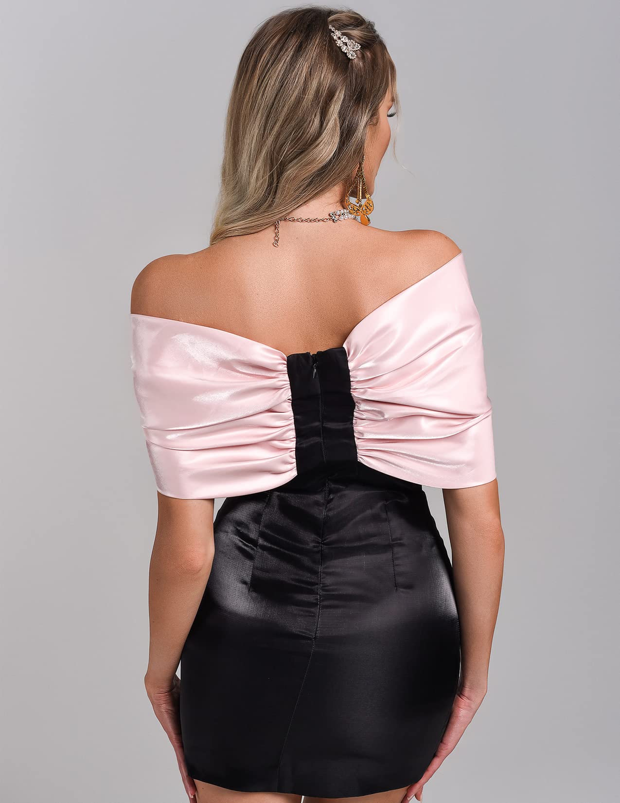 BELLA BARNETT Women's Off Shoulder Satin Mini Dress - Sexy Low Cut Wedding Guest Dress, Fairy Crossover Design for Parties, Date Nights & Special Occasions